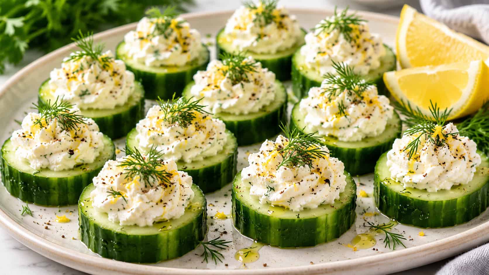 cucumber rounds topped with whipped feta and dill arranged on a platter, wide horizontal shot, fresh and bright, lemon wedge nearby, natural light, shallow depth of field, landscape orientation