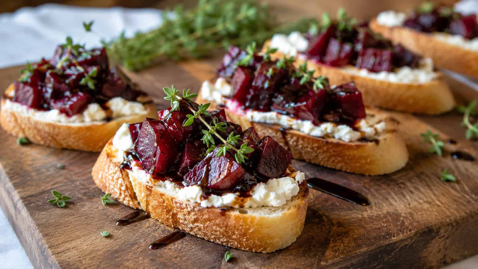 crostini topped with ruby balsamic beets and creamy goat cheese on a wooden board, wide horizontal shot, thyme garnish and balsamic drizzle, natural light, shallow depth of field, landscape orientation