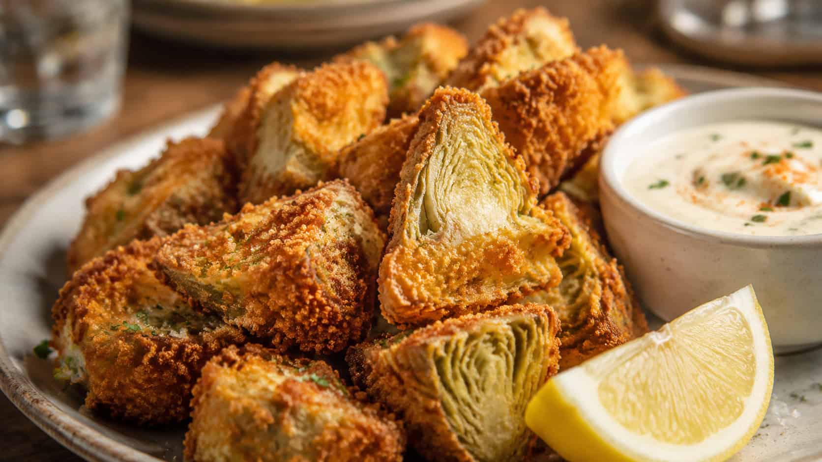 crispy golden breaded artichoke hearts piled on a plate with aioli dip, wide horizontal shot, crunchy panko texture, lemon wedge, natural light, shallow depth of field, landscape orientation