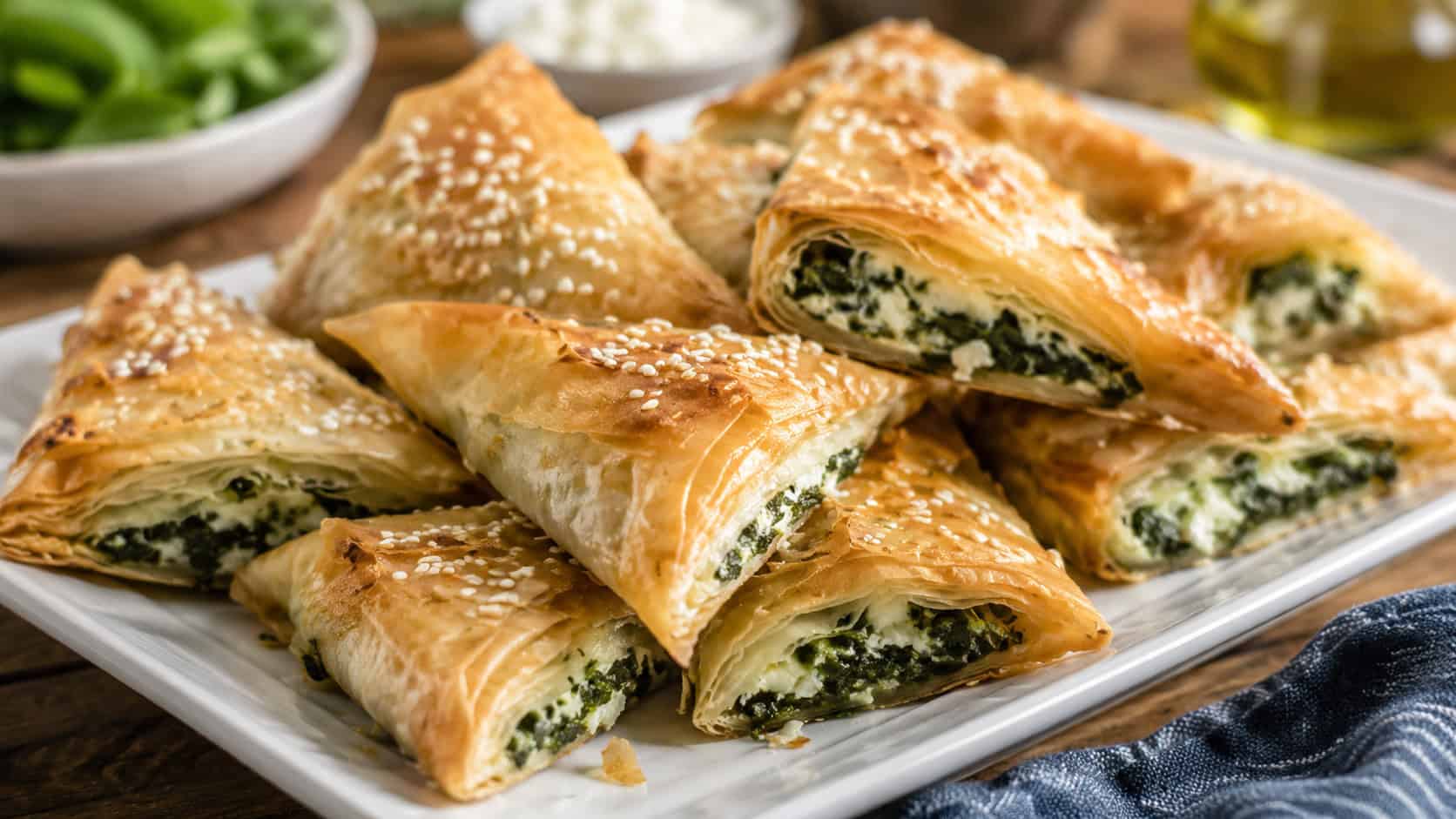 golden flaky spinach and feta phyllo triangles arranged on a platter, wide horizontal shot, crisp layered pastry, sesame garnish, warm natural light, shallow depth of field, landscape orientation
