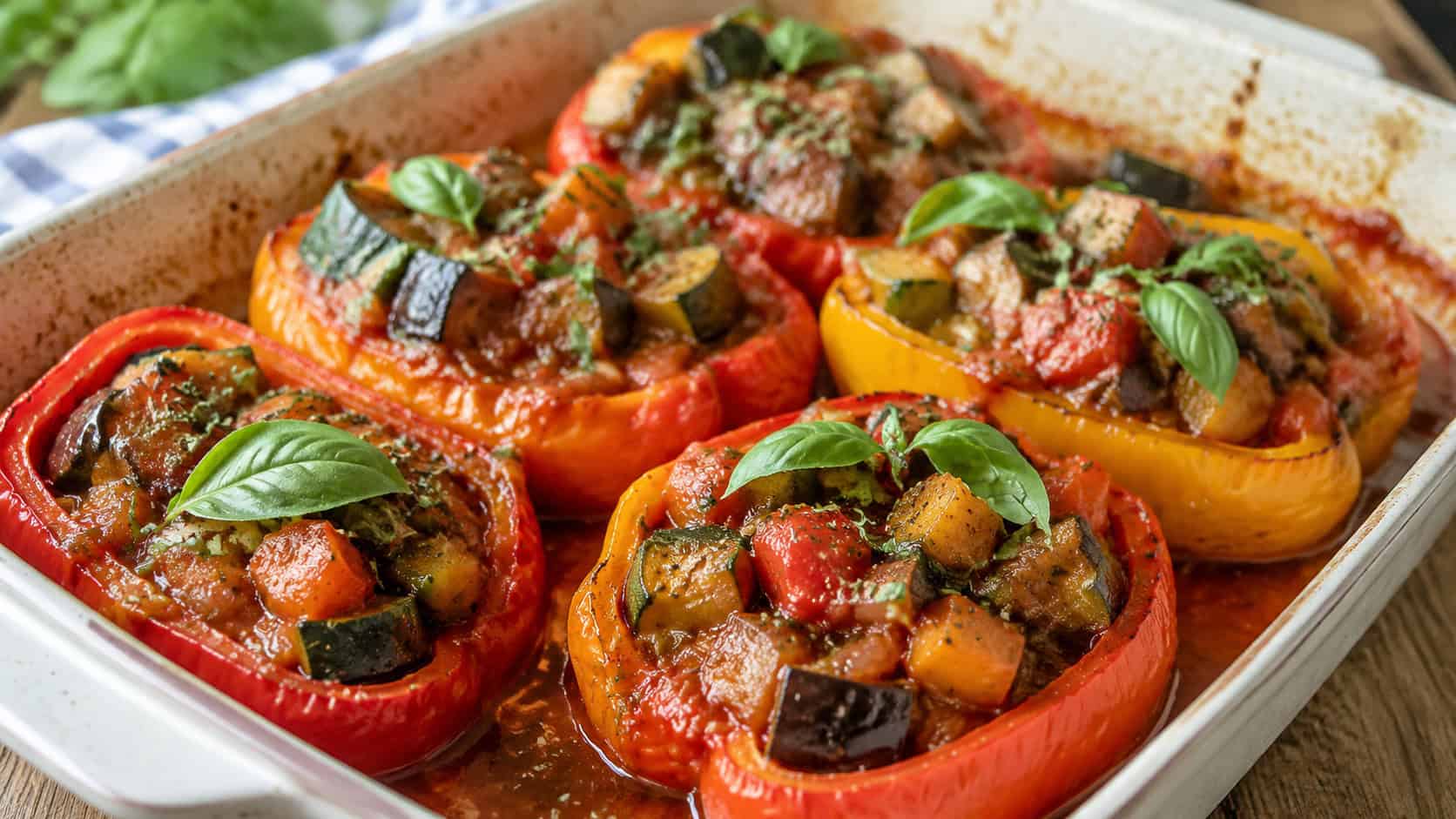bell pepper halves filled with colorful ratatouille vegetables in a baking dish, wide horizontal shot, glossy herby tomato sauce, fresh basil, natural light, shallow depth of field, landscape orientation