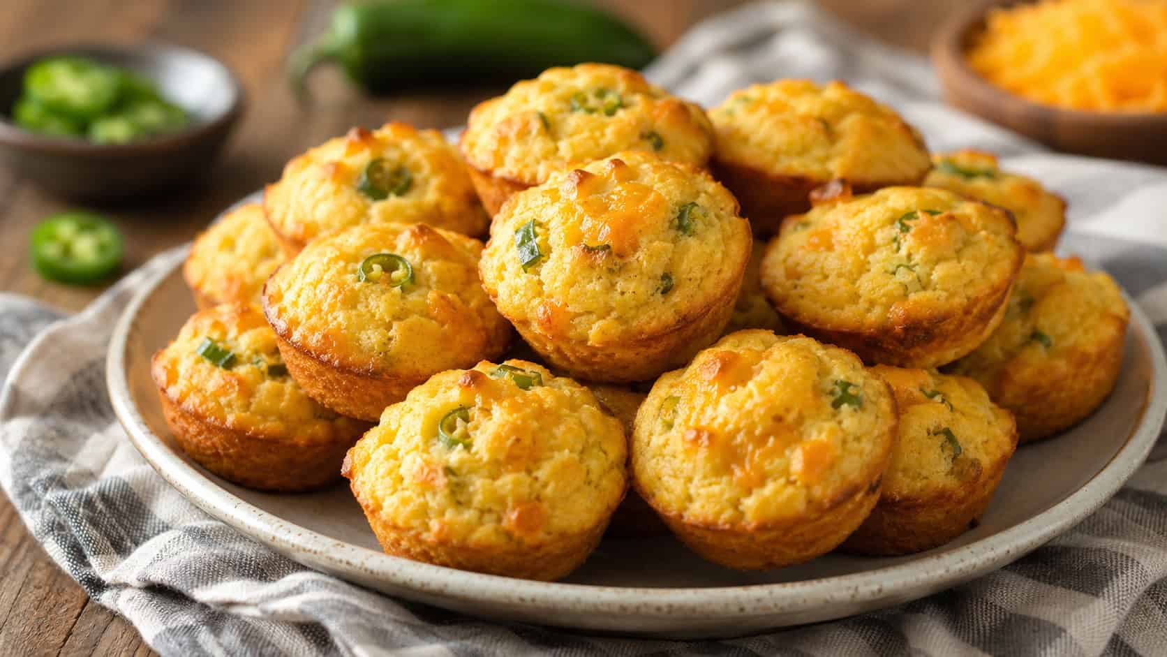 mini cornbread muffins flecked with cheddar and jalapeño piled on a plate, wide horizontal shot, golden tops, rustic napkin, warm natural light, shallow depth of field, landscape orientation