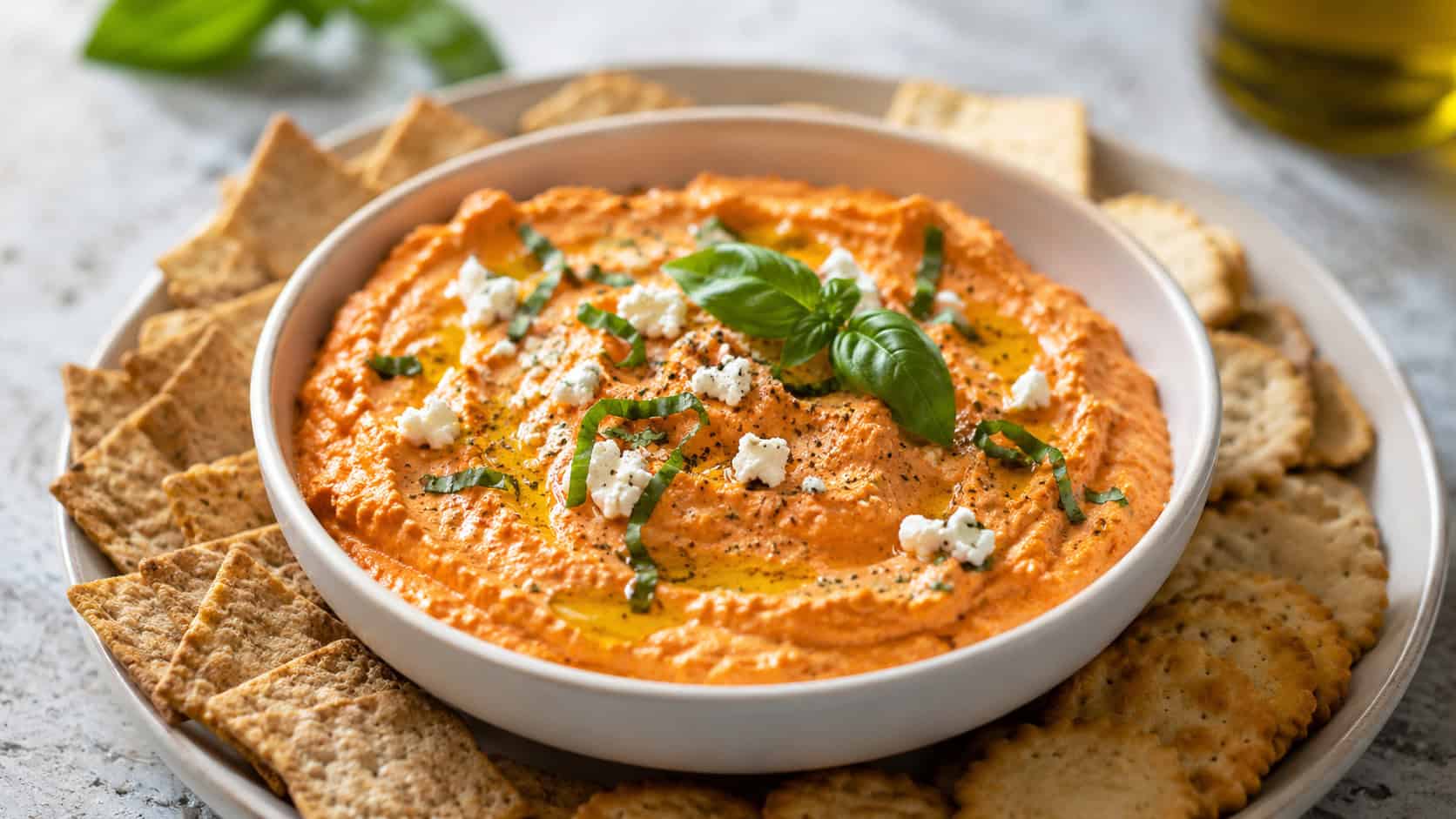 a bowl of creamy roasted red pepper and goat cheese dip drizzled with olive oil and basil, surrounded by crackers, wide horizontal shot, natural light, shallow depth of field, landscape orientation