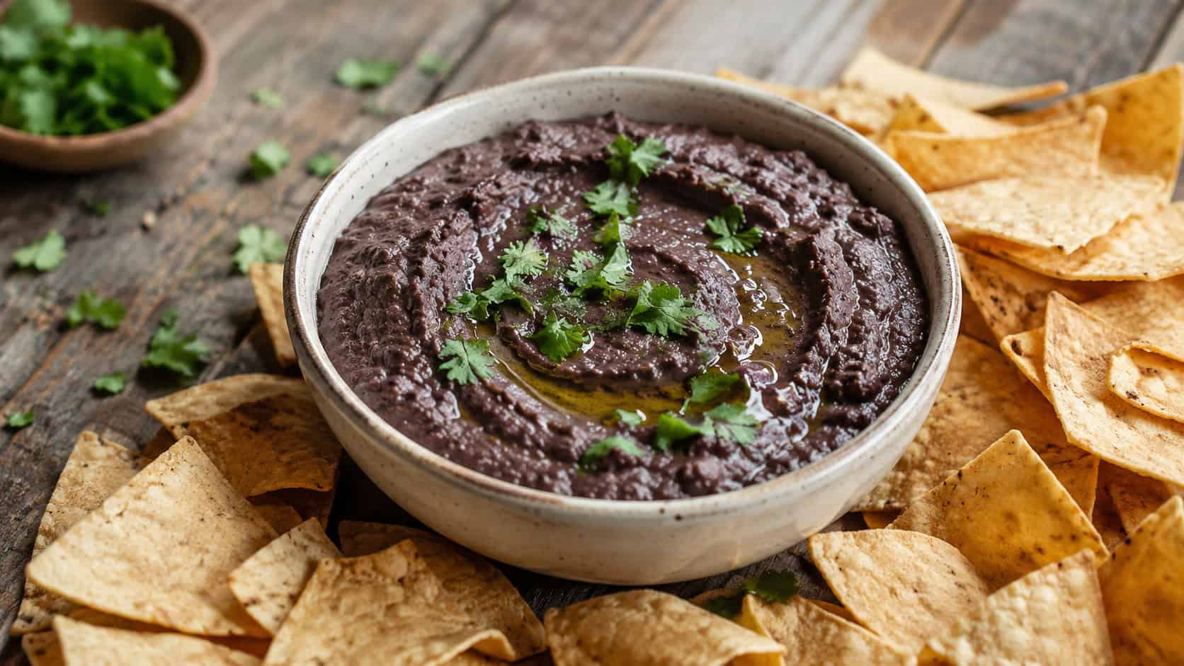 a bowl of smoky black bean hummus drizzled with olive oil and cilantro, surrounded by tortilla chips, wide horizontal shot, rustic table, natural light, shallow depth of field, landscape orientation