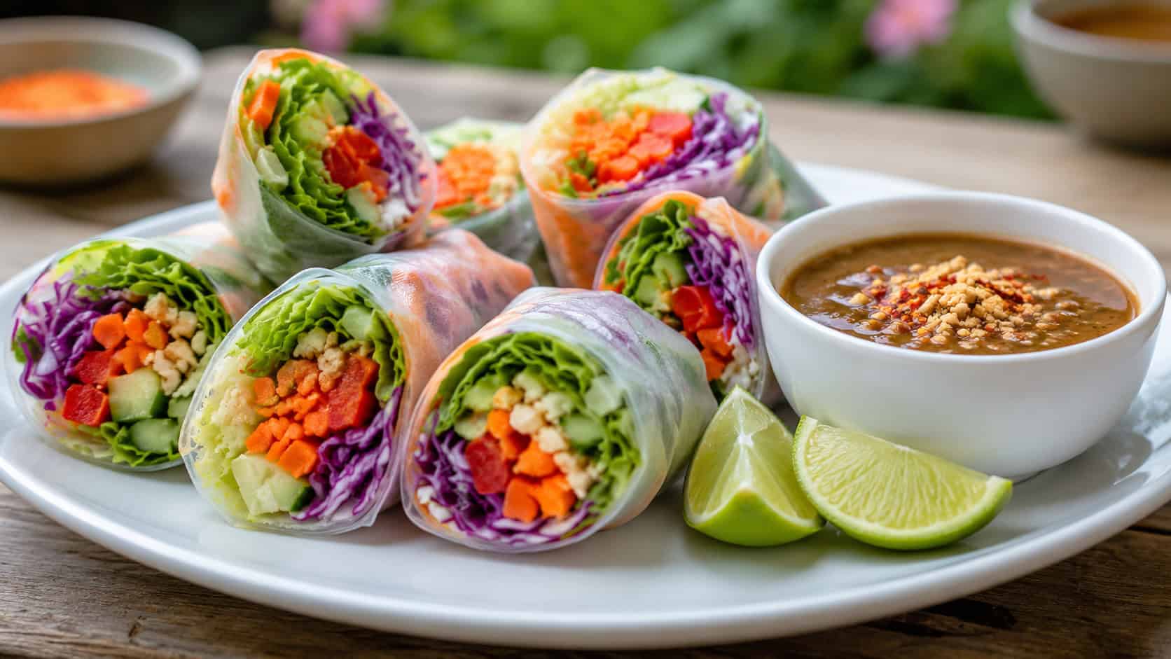 fresh vegetable spring rolls sliced to show colorful veggies, arranged on a plate with dipping sauce, wide horizontal shot, vibrant colors, bright natural light, shallow depth of field, landscape orientation