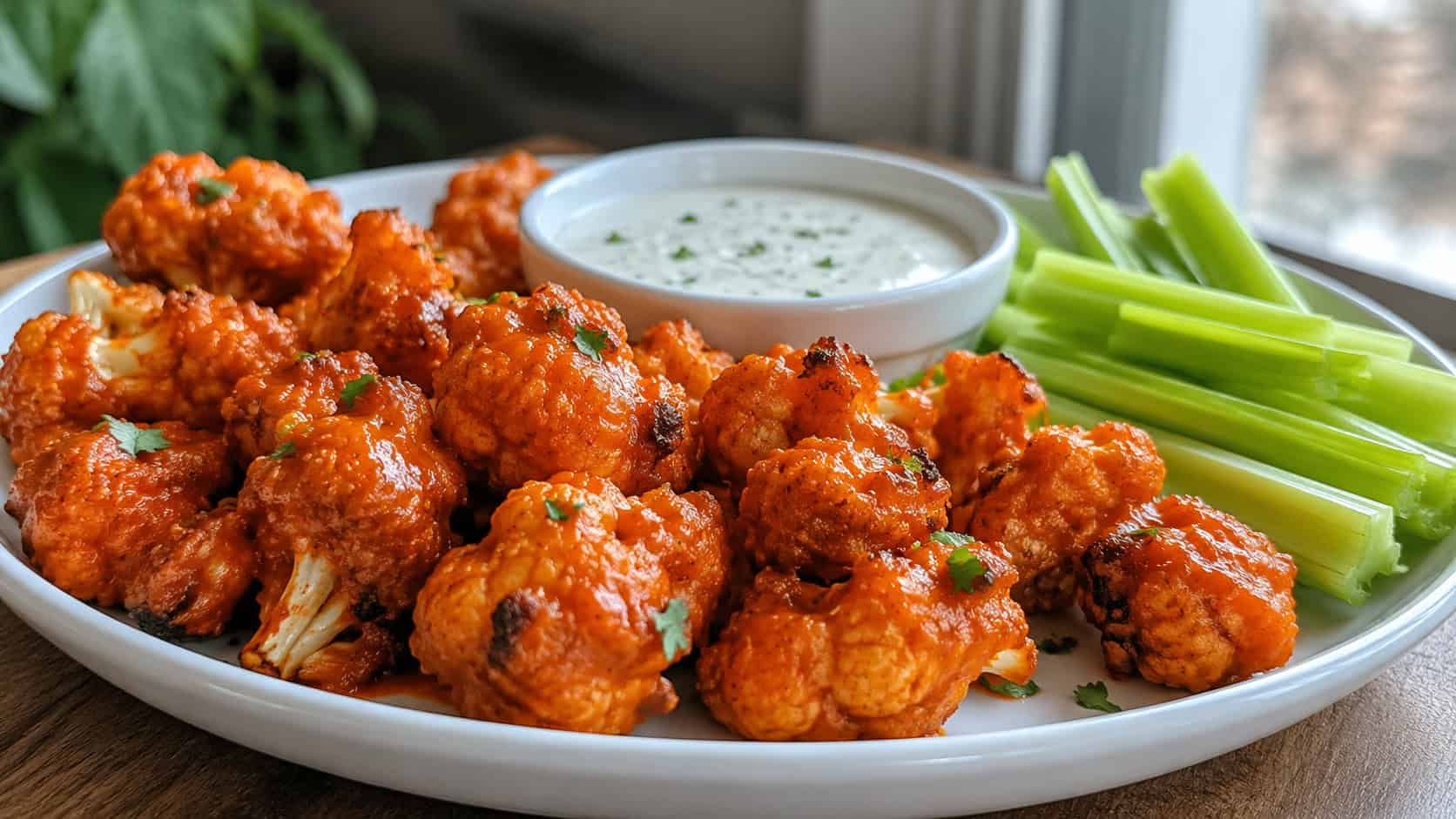 crispy buffalo cauliflower bites coated in orange sauce on a platter with ranch dip, wide horizontal shot, celery sticks alongside, natural light, shallow depth of field, landscape orientation