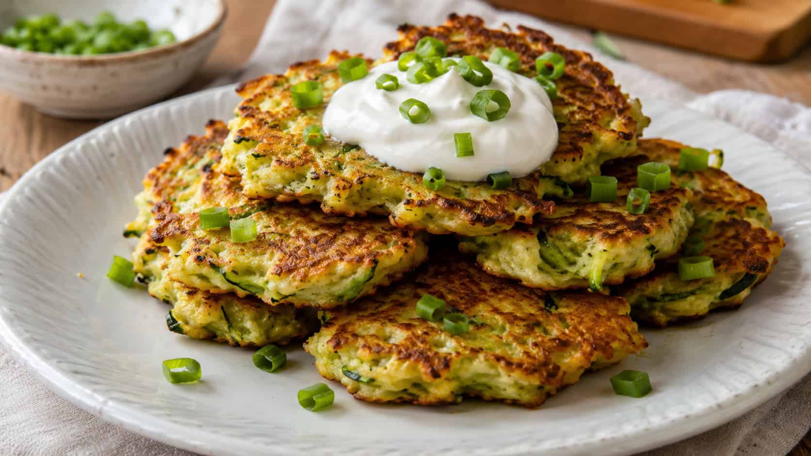 golden crispy zucchini fritters stacked on a plate with a dollop of sour cream, wide horizontal shot, green onion garnish, warm natural light, shallow depth of field, landscape orientation
