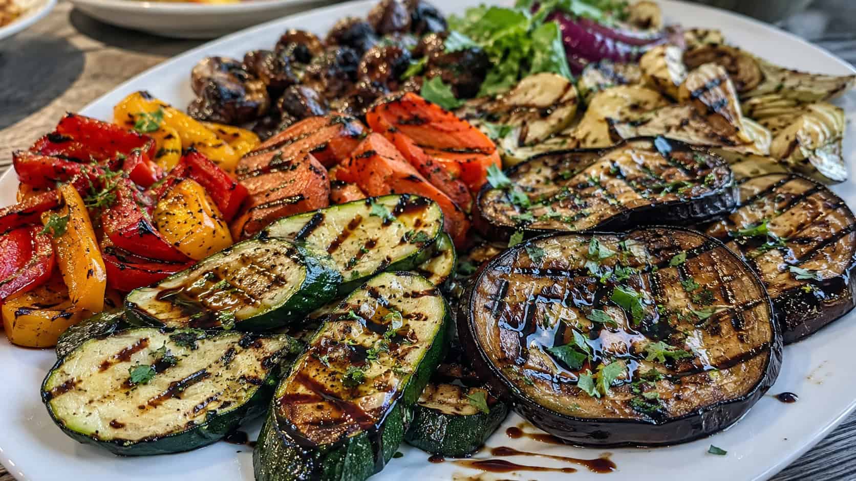 a colorful grilled vegetable antipasto platter with charred zucchini, peppers, and eggplant, wide horizontal shot, balsamic drizzle, fresh herbs, natural light, shallow depth of field, landscape orientation