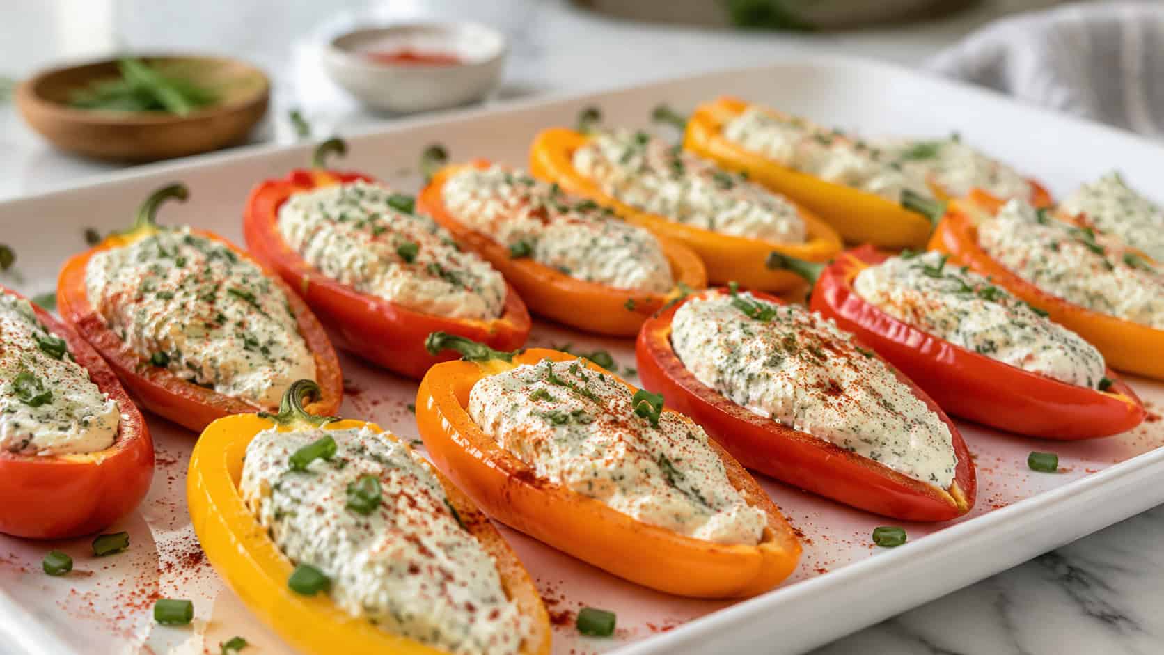 mini sweet peppers stuffed with creamy herbed cheese arranged on a white platter, wide horizontal shot, paprika dusting and chive garnish, bright natural light, shallow depth of field, landscape orientation