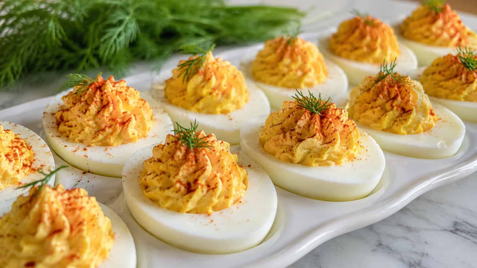 deviled eggs arranged wide in landscape orientation on a white deviled egg platter, creamy piped yolk filling dusted with paprika and topped with dill, natural light, shallow depth of field, fresh dill sprigs blurred behind