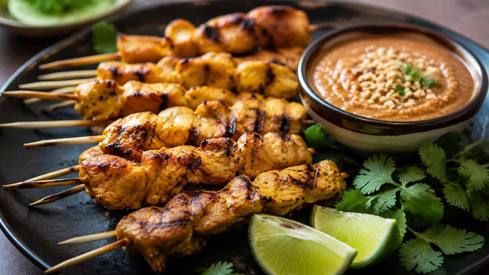 grilled chicken satay skewers arranged wide in landscape orientation on a dark platter, golden charred chicken beside a bowl of creamy peanut sauce, cilantro and lime garnish, natural light, shallow depth of field, soft background blur