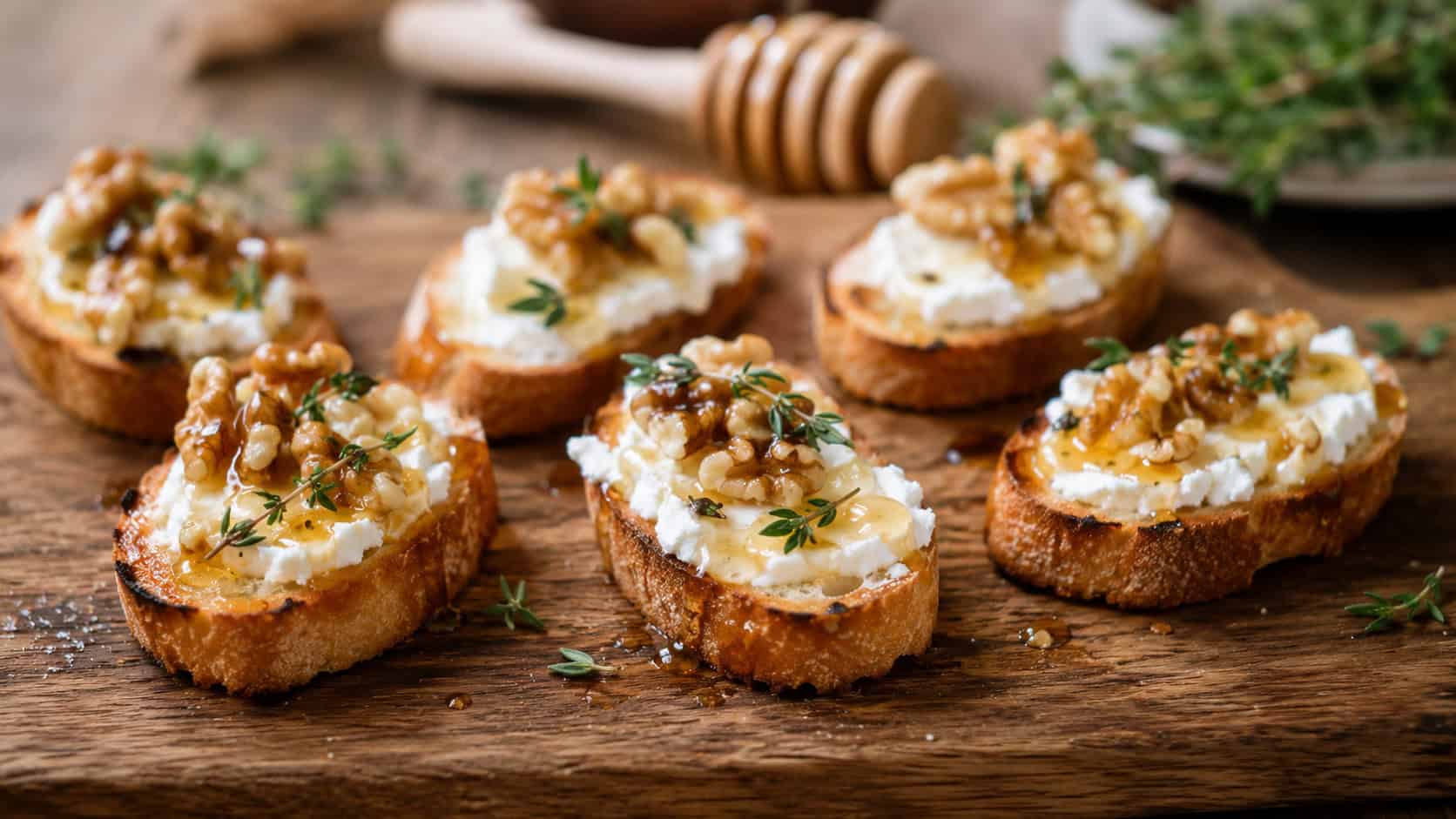 goat cheese crostini arranged wide in landscape orientation on a rustic wooden board, creamy white cheese drizzled with honey and topped with walnuts and thyme, natural light, shallow depth of field, a honey dipper blurred behind