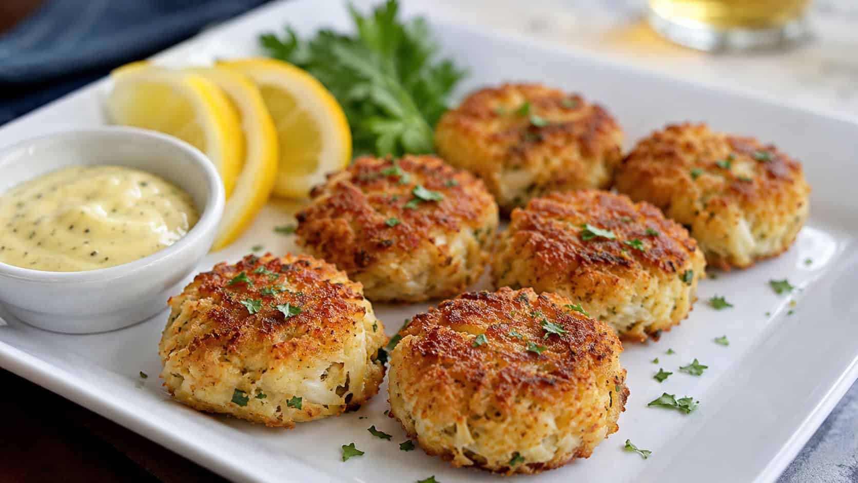 golden mini crab cakes arranged wide in landscape orientation on a white platter, crisp browned crust beside a small bowl of lemon aioli, parsley and lemon wedges, natural light, shallow depth of field, soft background blur