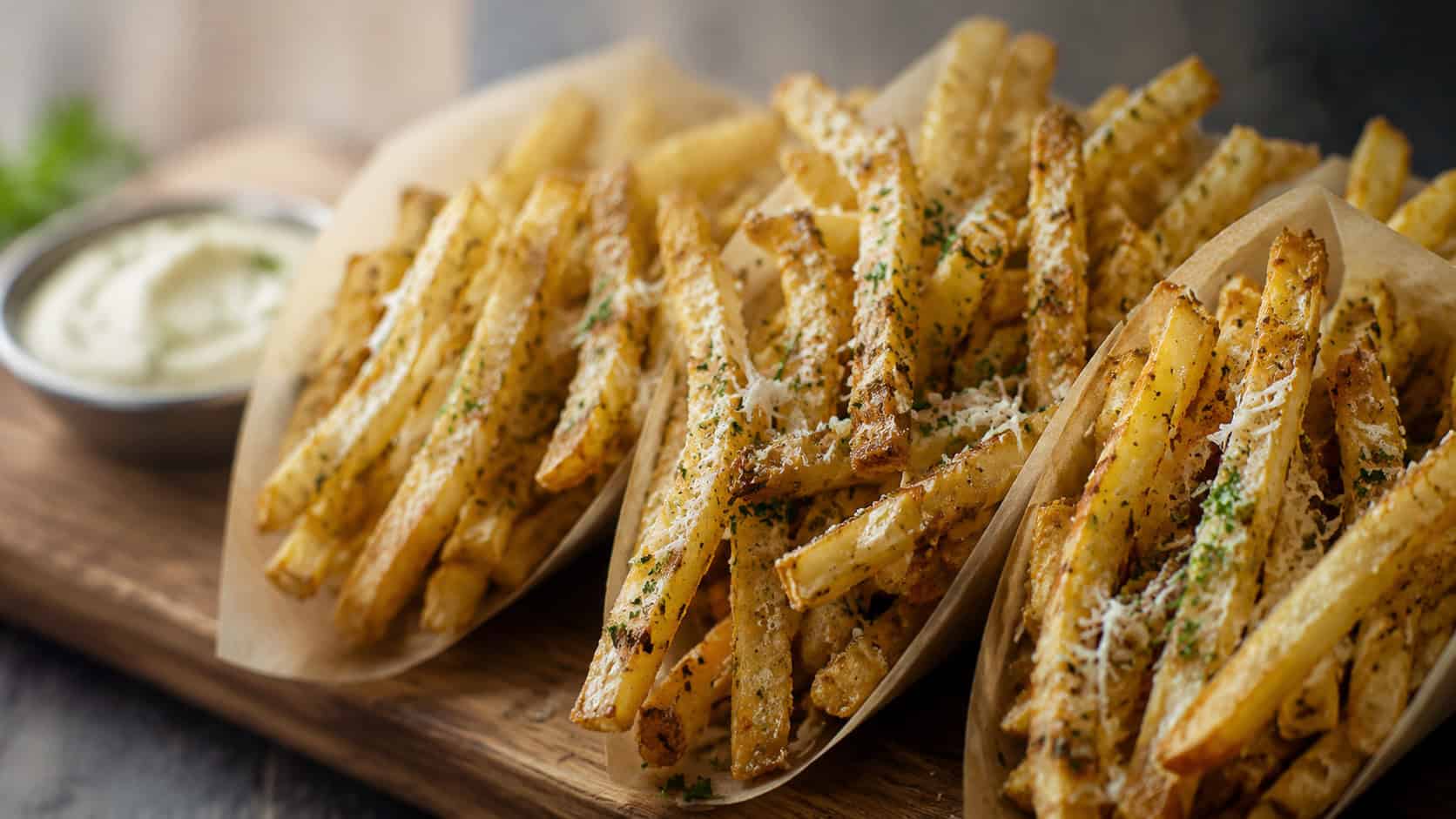 parmesan truffle fries served wide in landscape orientation in small paper cones on a wooden board, golden crisp fries dusted with parmesan and parsley, natural light, shallow depth of field, a small dish of aioli blurred behind