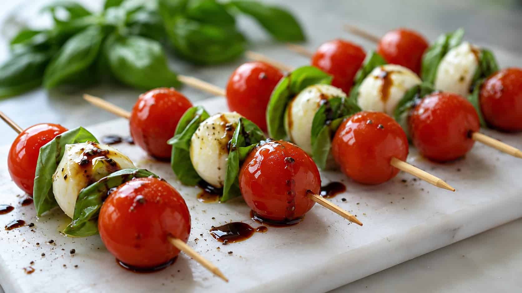 caprese skewers arranged wide in landscape orientation on a white marble board, glossy red tomatoes, white mozzarella, and green basil drizzled with balsamic, natural light, shallow depth of field, fresh basil leaves blurred behind