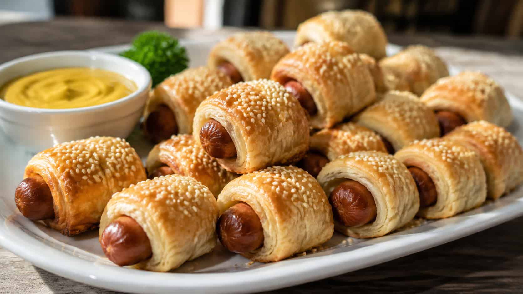 golden pigs in a blanket arranged wide in landscape orientation on a white platter, flaky pastry-wrapped sausages sprinkled with sesame seeds beside a bowl of mustard, natural light, shallow depth of field, soft background blur