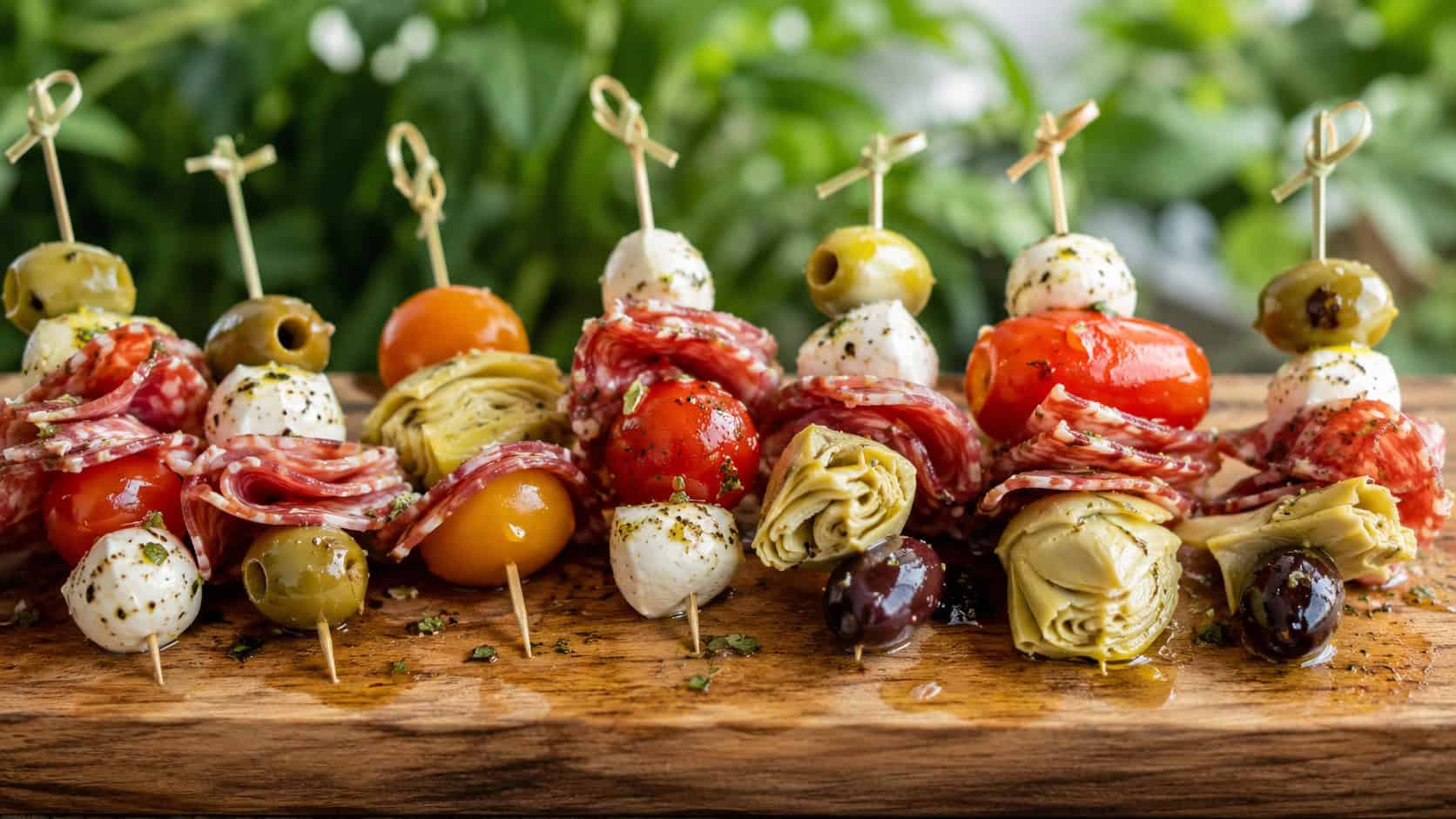 colorful antipasto skewers arranged wide in landscape orientation on a wooden board, layered salami, mozzarella, tomatoes, artichokes, and olives, drizzled with olive oil, natural light, shallow depth of field, soft greenery blurred behind