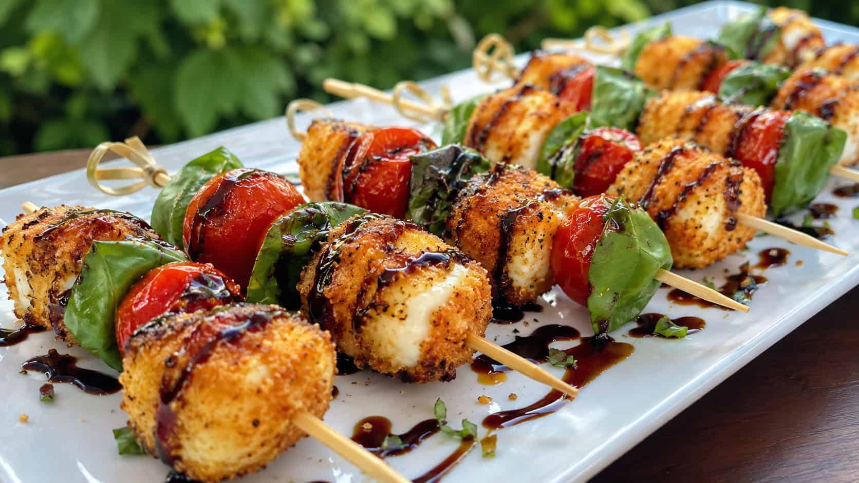 crispy fried caprese bites on skewers arranged wide in landscape orientation on a white platter, golden mozzarella with bright cherry tomatoes and basil, balsamic drizzle glistening, natural light, shallow depth of field, soft greenery blurred behind