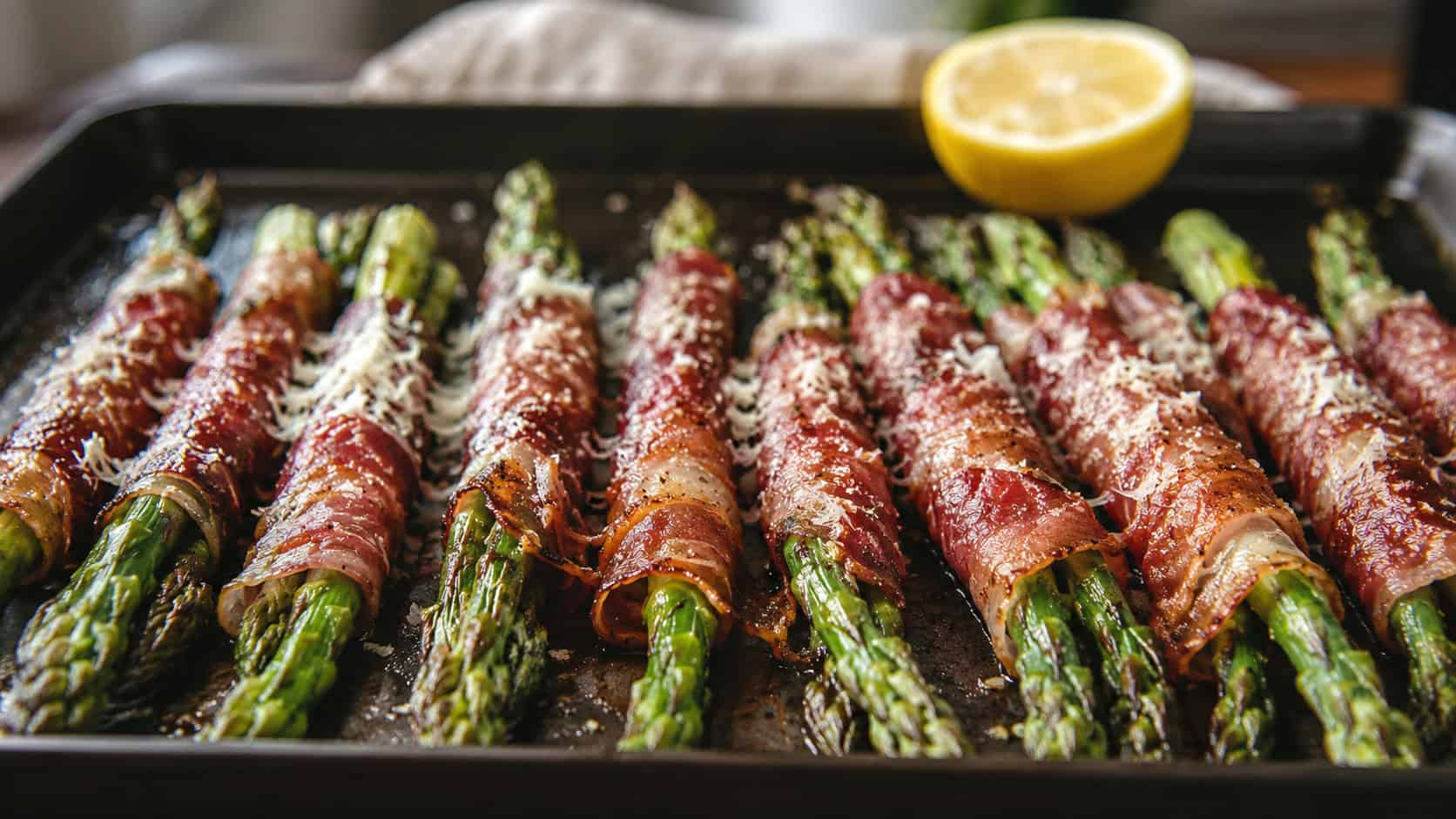 prosciutto-wrapped asparagus spears arranged wide in a landscape row on a dark baking tray, crisp prosciutto and bright green asparagus dusted with parmesan, natural light, shallow depth of field, a lemon half blurred in the background