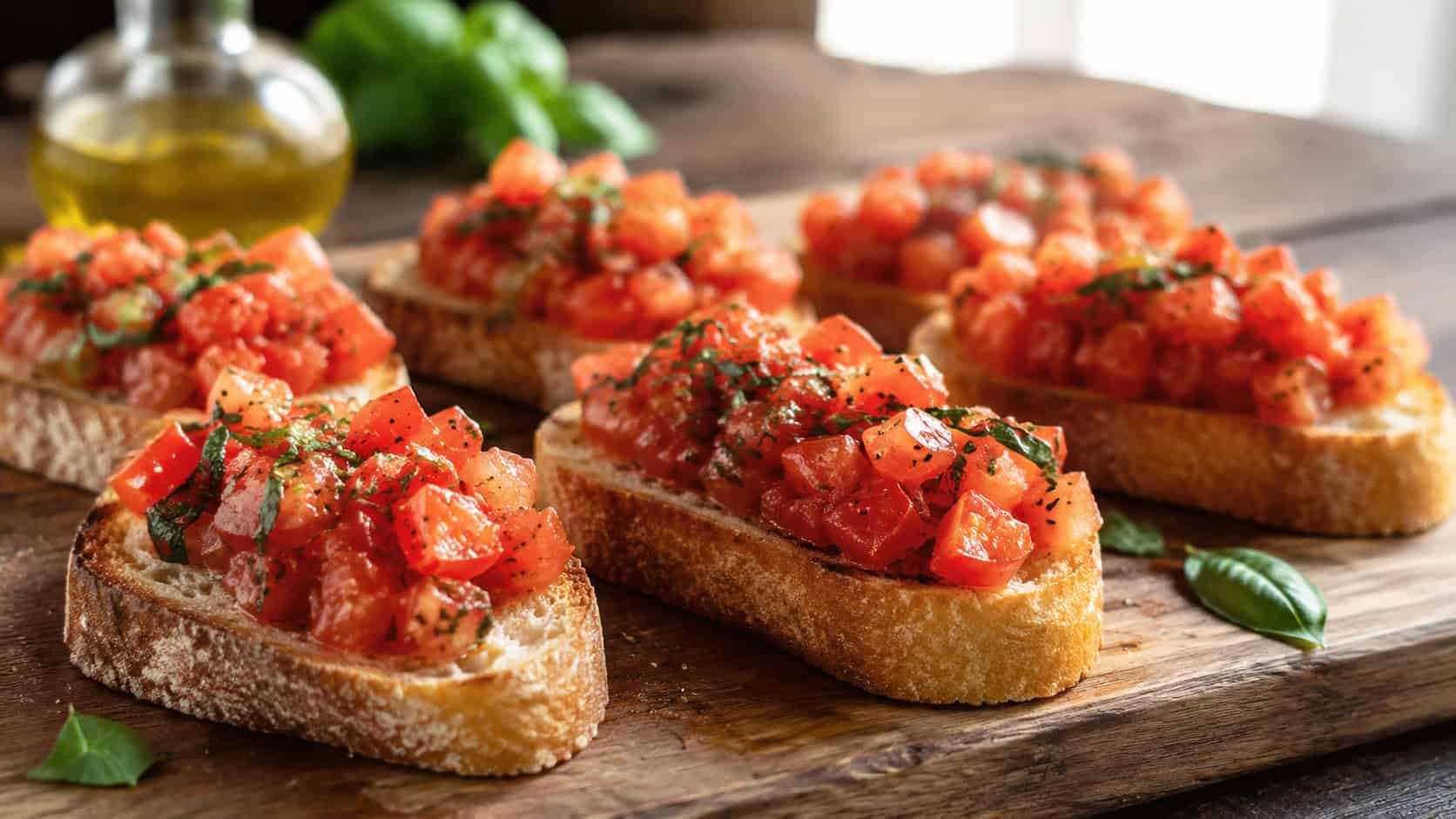 tomato basil bruschetta arranged wide in landscape orientation on a wooden board, golden toasts piled with glistening red tomatoes and green basil, natural light, shallow depth of field, a small bottle of olive oil blurred behind