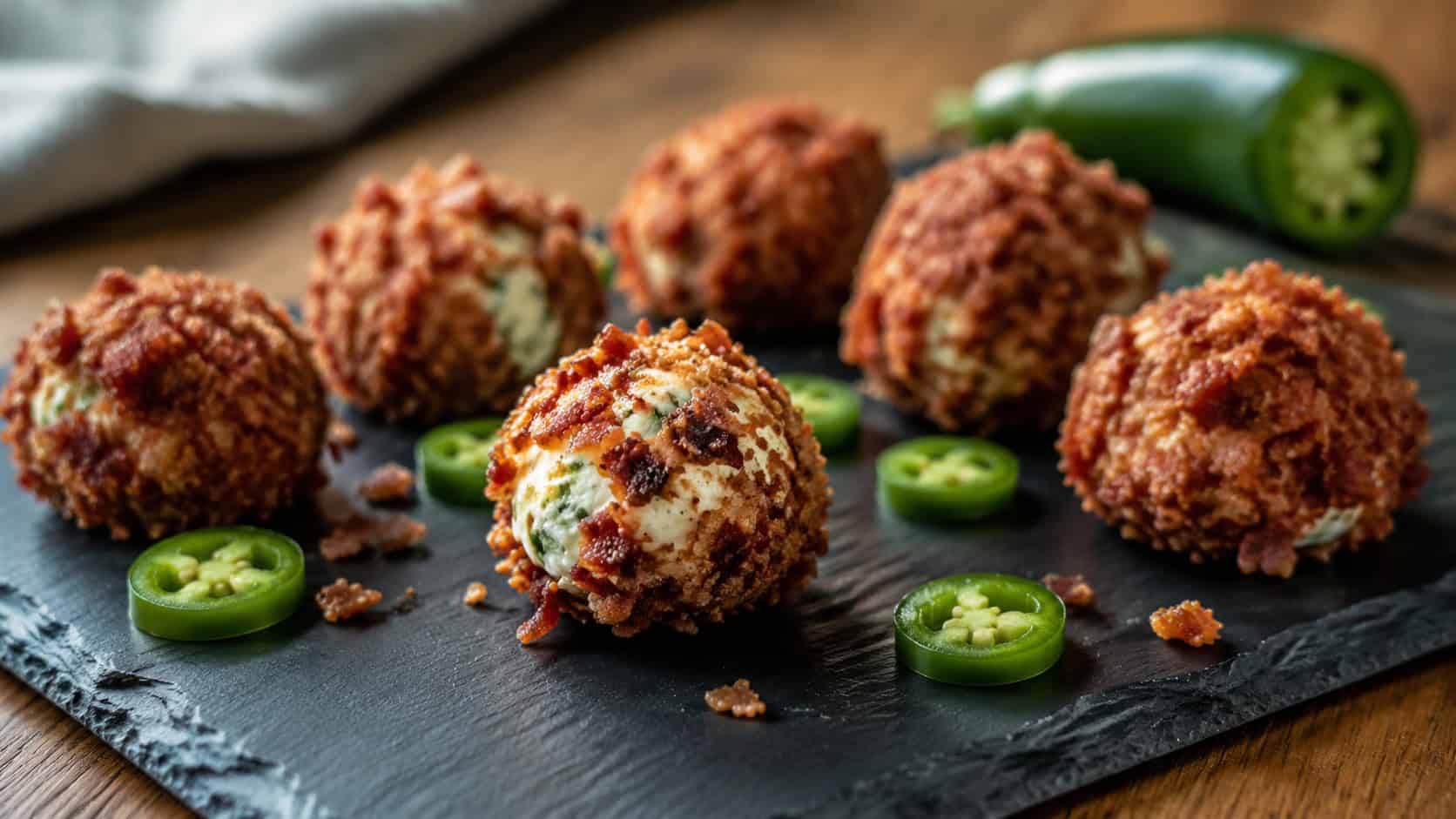 jalapeño popper fat bombs rolled in bacon crumbles on a slate plate in a wide horizontal shot, fresh jalapeño slices scattered, soft natural light, shallow depth of field, landscape orientation