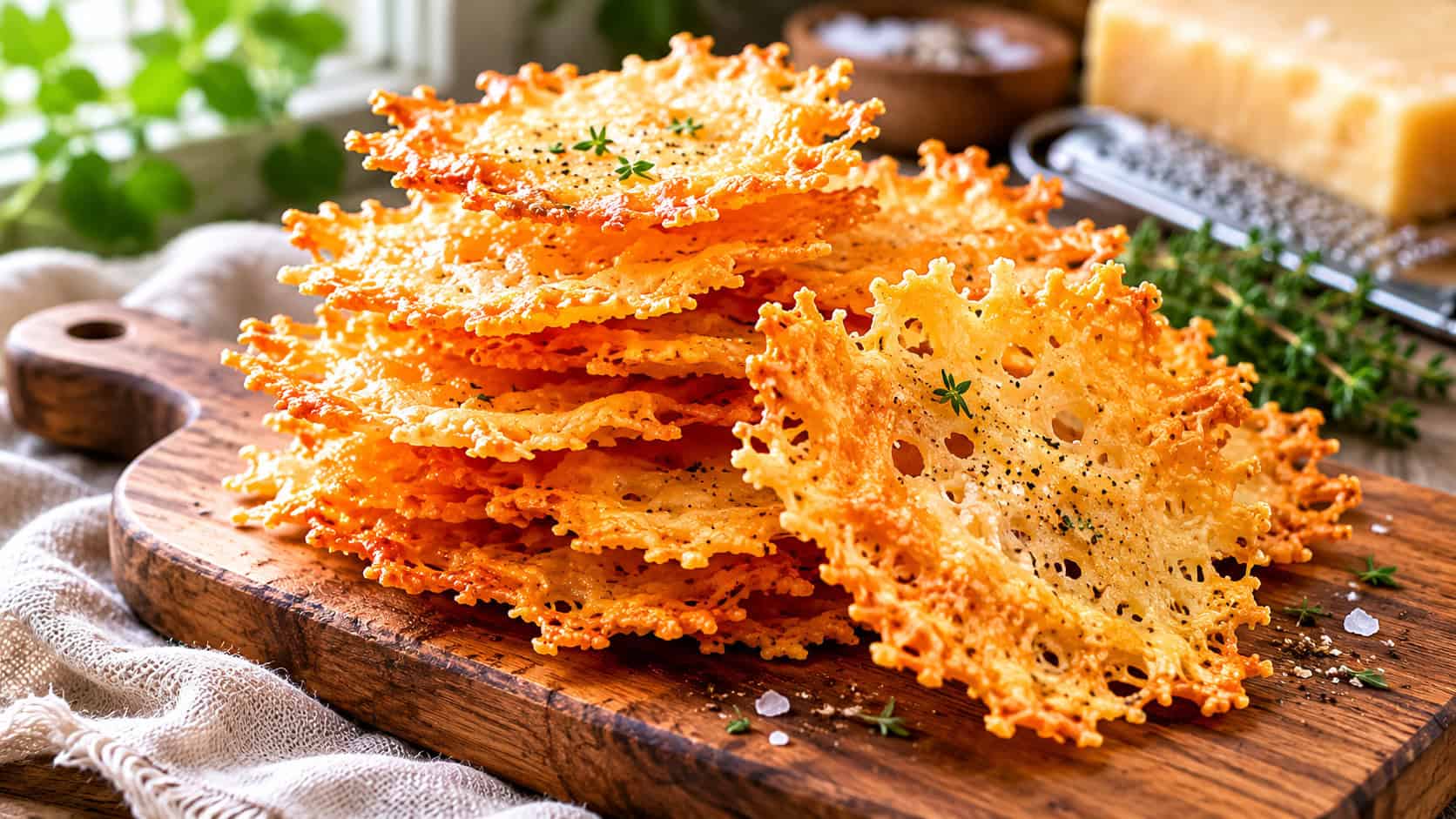 golden lacy cheese crisps stacked on a small wooden board in a wide horizontal shot, crackly edges catching the light, rustic linen, natural daylight, shallow depth of field, landscape orientation