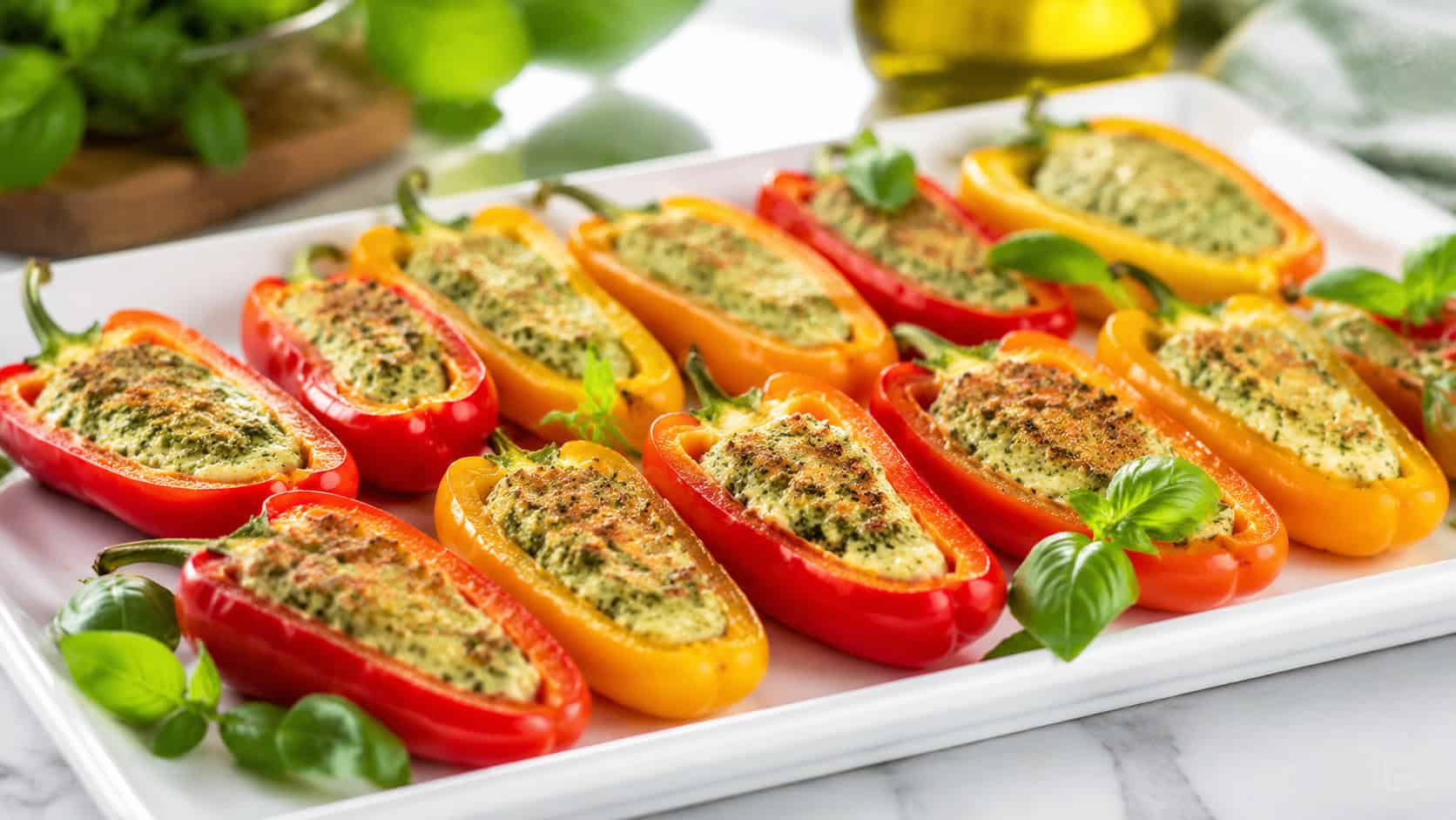 pesto stuffed mini peppers in red, yellow, and orange arranged on a white platter in a wide horizontal shot, basil leaves scattered, bright fresh natural light, shallow depth of field, landscape orientation