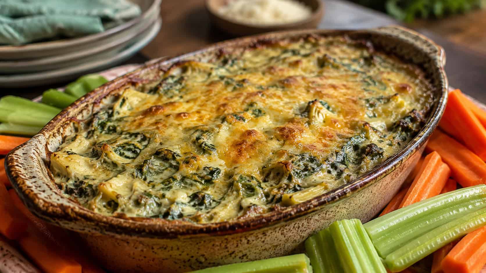 bubbling spinach artichoke dip in a rustic baking dish in a wide horizontal shot, golden melted cheese top, veggie sticks around the edge, warm cozy natural light, shallow depth of field, landscape orientation