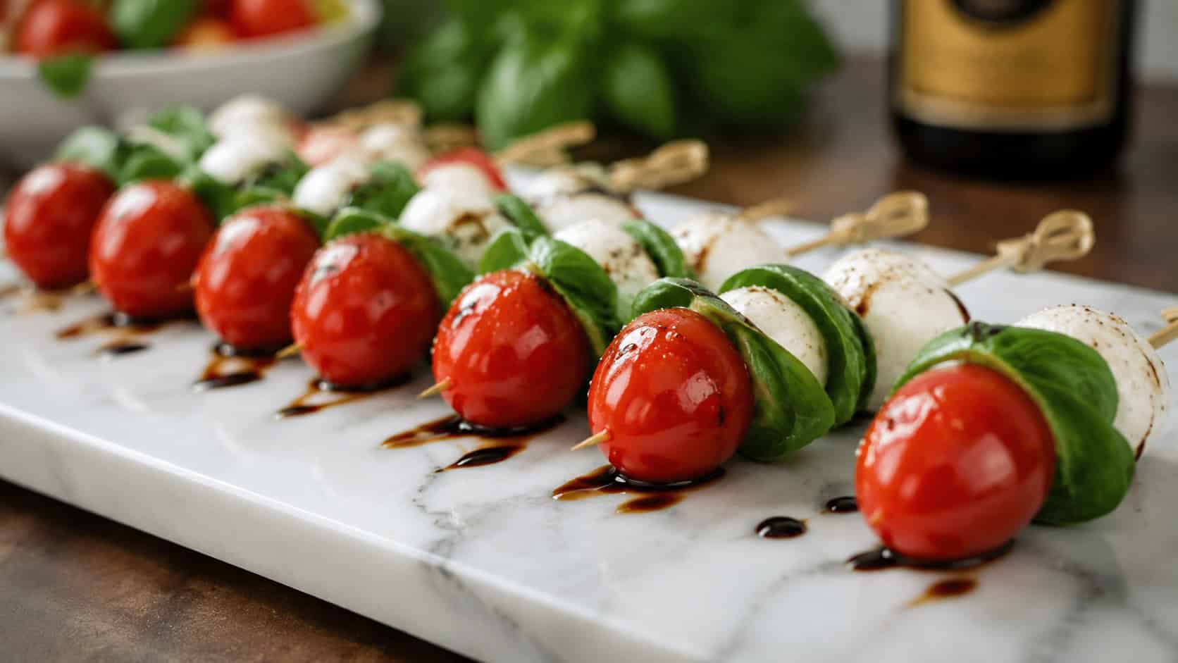 caprese salad skewers lined up on a white marble board in a wide horizontal shot, red tomatoes, white mozzarella, green basil, balsamic drizzle, bright natural light, shallow depth of field, landscape orientation