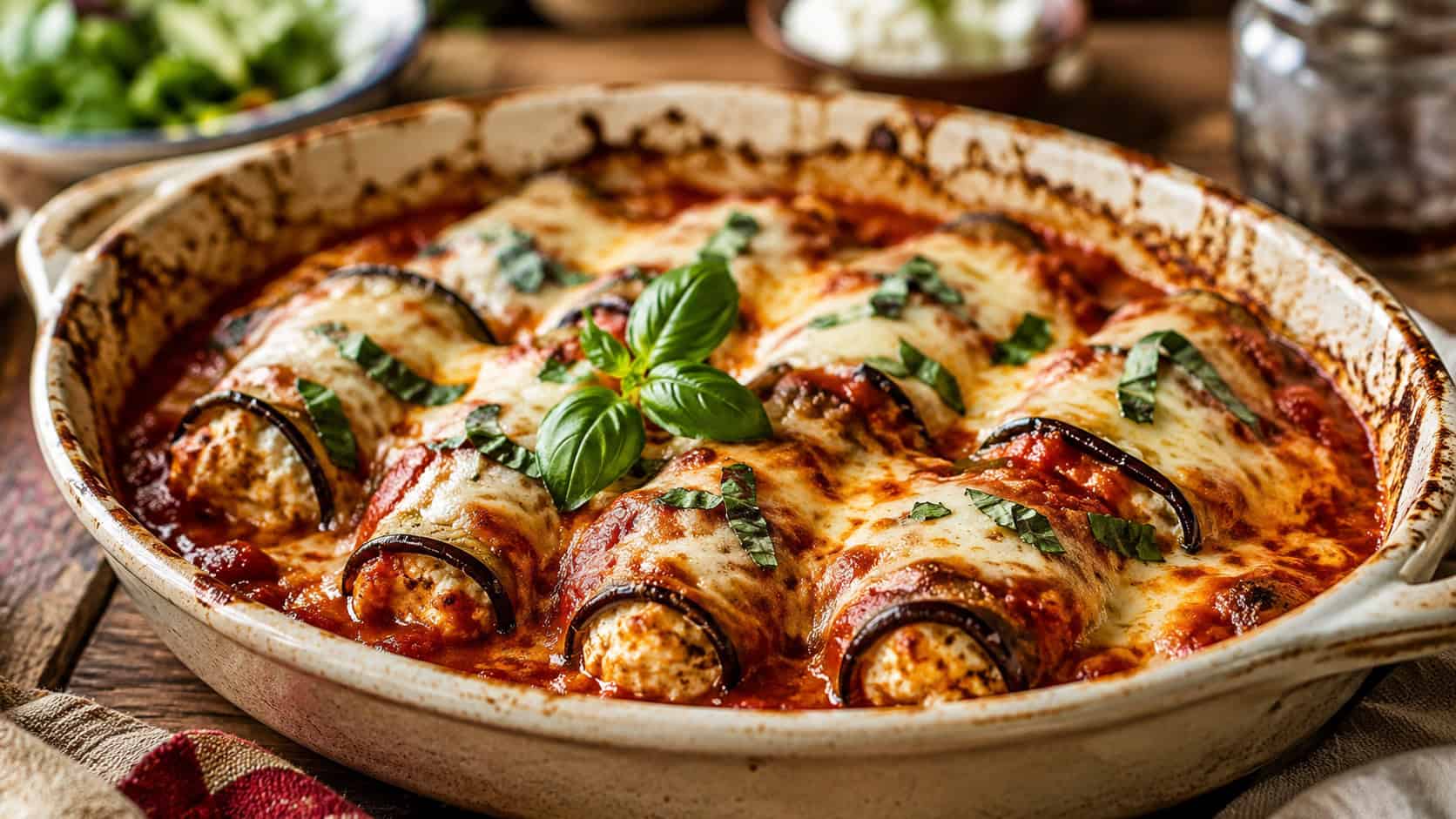eggplant rollatini in a rustic baking dish in a wide horizontal shot, bubbling marinara and melted cheese, fresh basil on top, warm cozy natural light, shallow depth of field, landscape orientation