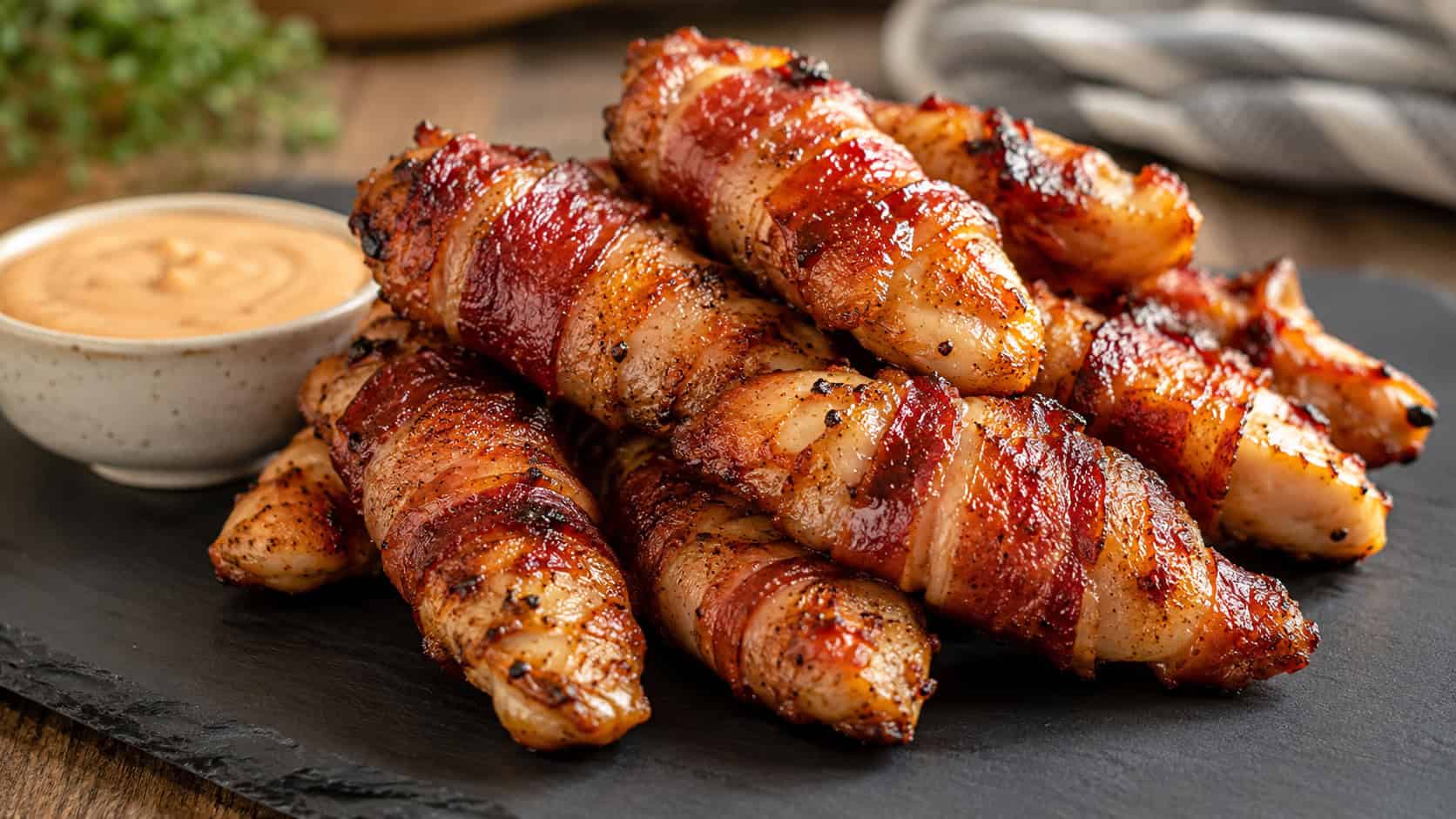 bacon-wrapped chicken tenders piled on a dark slate board in a wide horizontal shot, glossy caramelized bacon, small bowl of dip beside them, warm natural light, shallow depth of field, landscape orientation