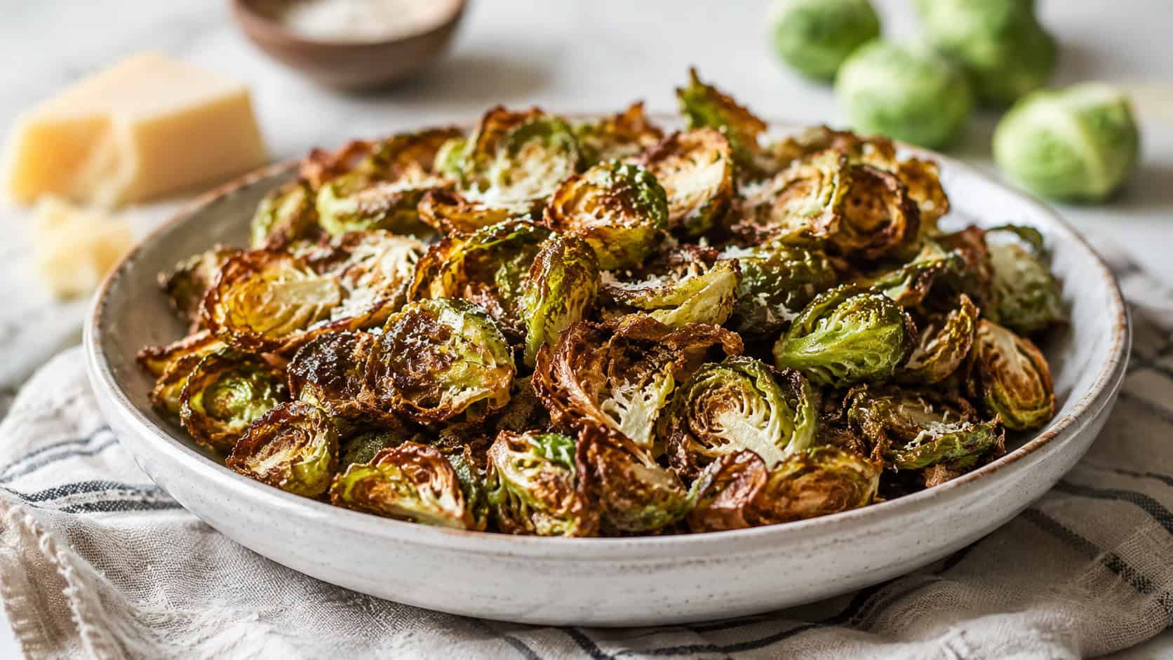 crispy brussels sprout chips heaped in a wide shallow bowl in a horizontal shot, golden curled edges, sprinkle of parmesan, rustic linen napkin, bright natural light, shallow depth of field, landscape orientation