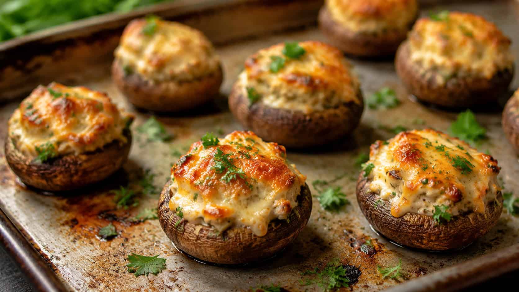 golden keto stuffed mushrooms on a rustic baking sheet in a wide horizontal shot, bubbling cheese tops, fresh parsley scattered, warm natural light, shallow depth of field, landscape orientation