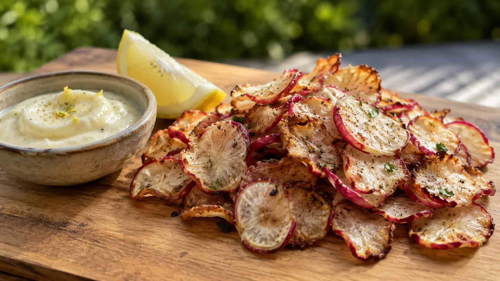 crispy roasted radish chips piled beside a small bowl of creamy aioli on a wooden board in a wide horizontal shot, lemon wedge, natural daylight, shallow depth of field, landscape orientation