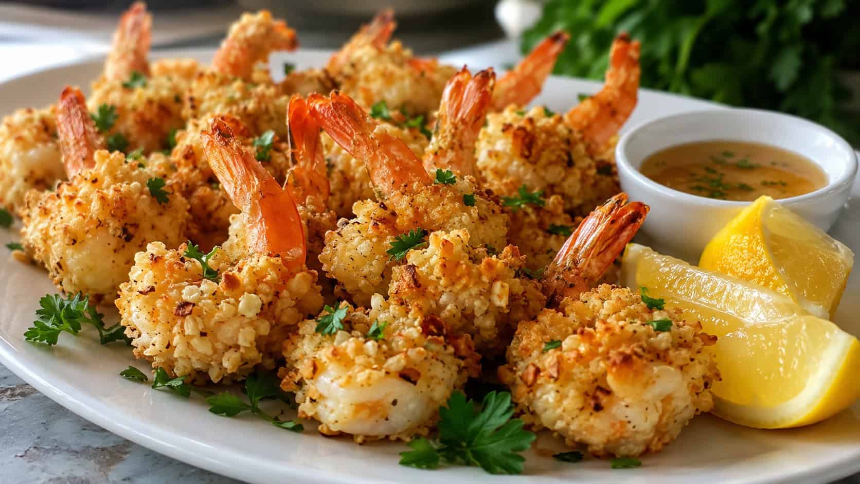 golden almond-crusted shrimp arranged on a white plate in a wide horizontal shot, lemon wedges, fresh parsley, small dipping bowl, bright natural light, shallow depth of field, landscape orientation