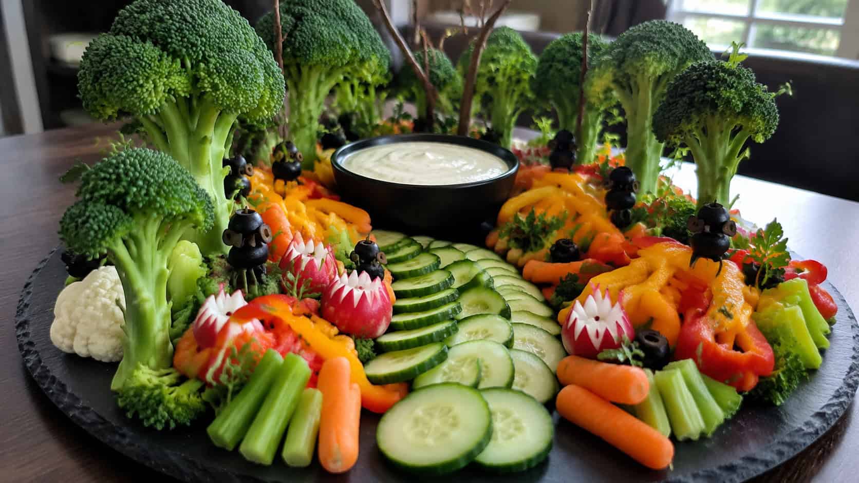 a crudite platter arranged like a spooky forest with upright broccoli trees and a cucumber path in a wide horizontal shot, on a large dark board with a bowl of dip in the center, natural light, shallow depth of field, landscape orientation