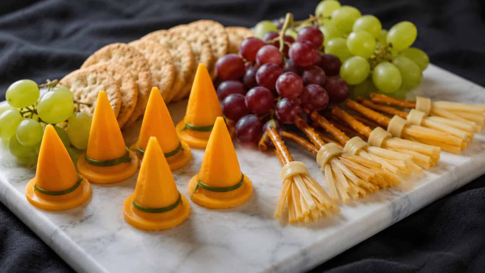 a cheese board with cheddar triangle witch hats, crackers, grapes, and pretzel brooms in a wide horizontal shot, on a marble board over a dark cloth, natural light, shallow depth of field, landscape orientation