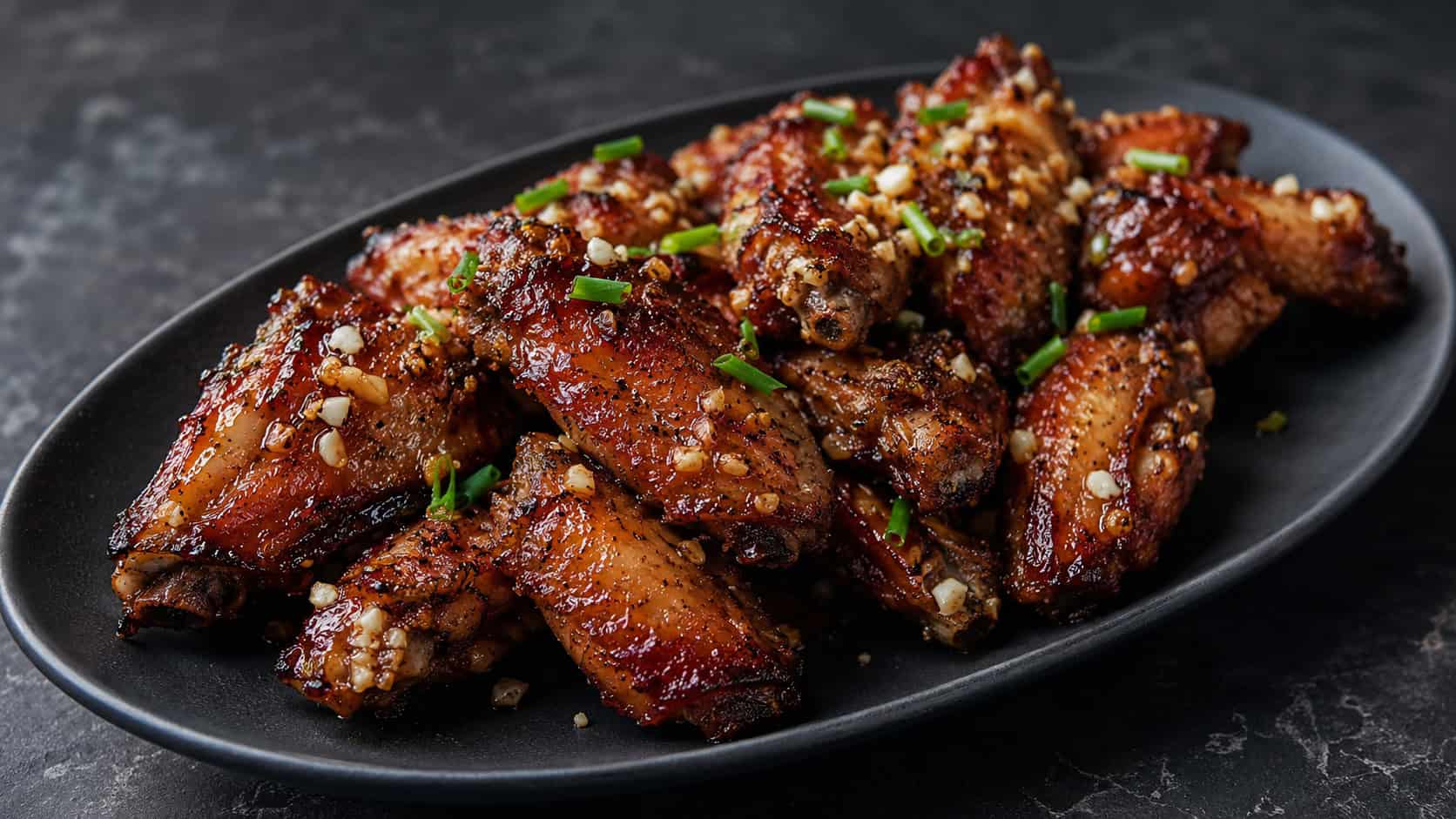 a platter of dark glossy baked chicken wings glazed and garnished with garlic in a wide horizontal shot, on a black plate over a moody dark surface, natural light, shallow depth of field, landscape orientation