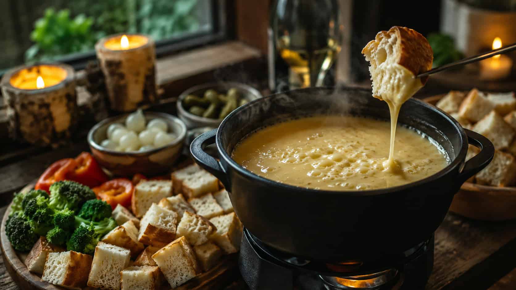 a black cauldron of melted bubbling cheese fondue surrounded by bread cubes and veggies in a wide horizontal shot, on a dark wooden table lit by candlelight, natural light, shallow depth of field, landscape orientation
