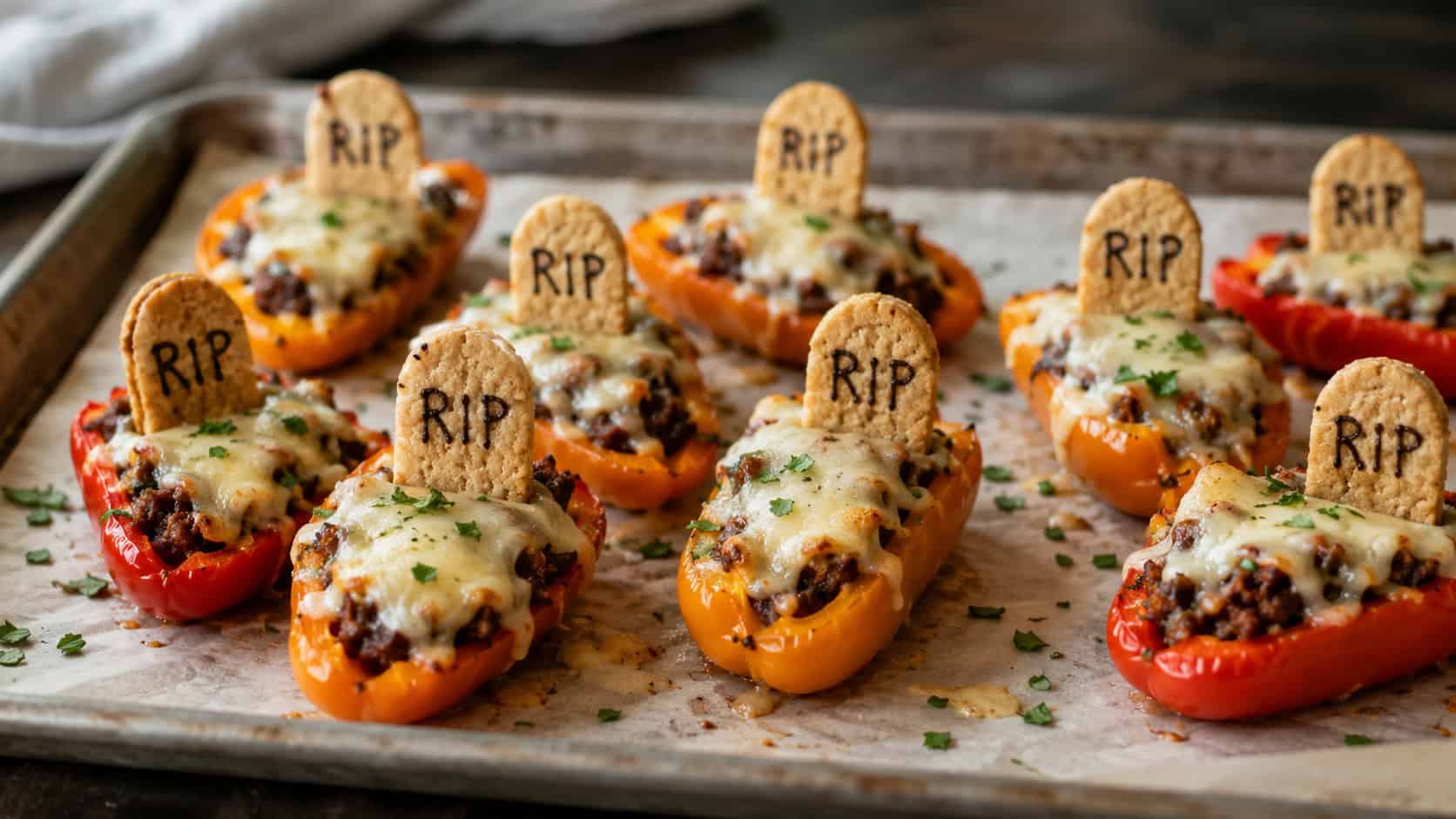 a tray of stuffed mini sweet peppers topped with cracker tombstones and melted cheese in a wide horizontal shot, on parchment over a metal sheet pan, natural light, shallow depth of field, landscape orientation