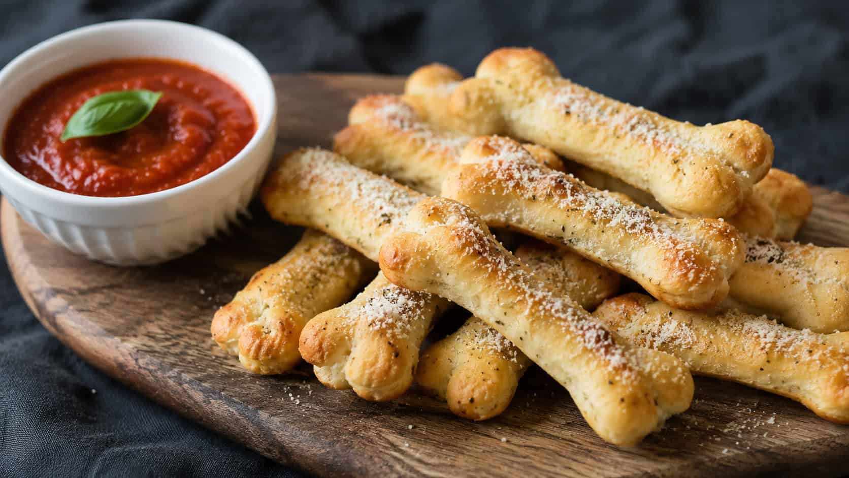 a platter of golden bone-shaped breadsticks dusted with parmesan beside a bowl of marinara in a wide horizontal shot, on a rustic wooden board over a dark cloth, natural light, shallow depth of field, landscape orientation