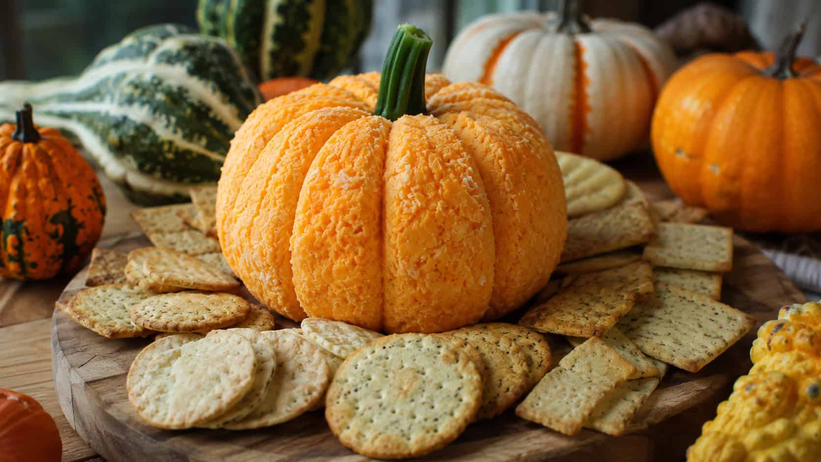a cheddar cheeseball shaped and grooved like an orange pumpkin with a green stem, surrounded by crackers in a wide horizontal shot, on a wooden board scattered with mini gourds, natural light, shallow depth of field, landscape orientation