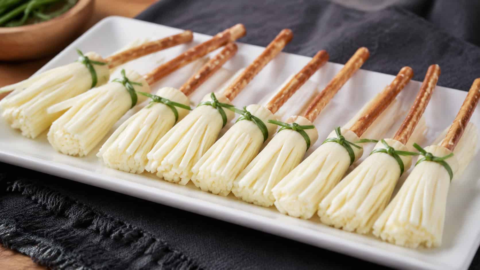 a platter of string-cheese brooms with pretzel handles tied with green chives in a wide horizontal shot, on a white plate over a dark linen napkin, natural light, shallow depth of field, landscape orientation