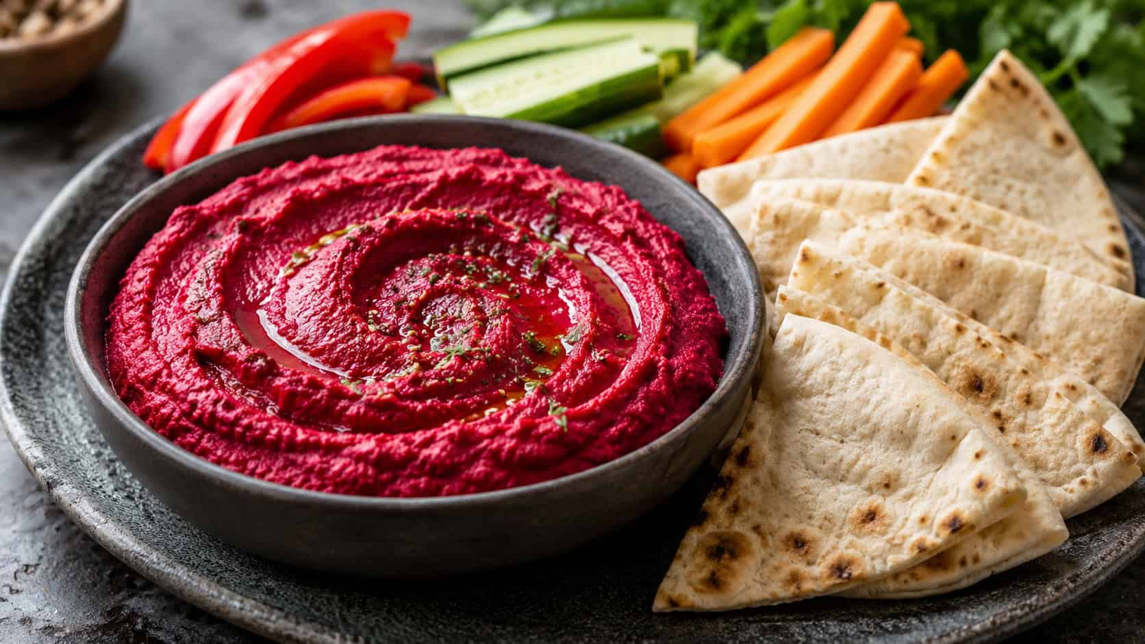 a bowl of vivid blood-red beet hummus swirled and drizzled with oil beside pita wedges in a wide horizontal shot, on a dark stone plate with scattered veggie sticks, natural light, shallow depth of field, landscape orientation
