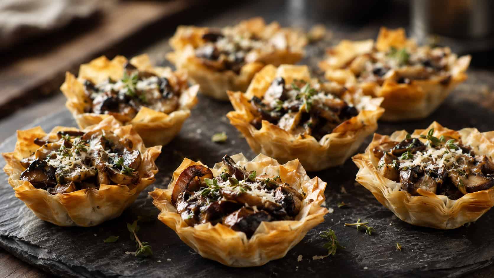 mushroom and thyme phyllo tartlets on a dark slate board, golden pastry cups filled with glossy browned chopped mushrooms flecked with fresh thyme and melted parmesan, warm moody natural light, shallow depth of field, rustic kitchen counter