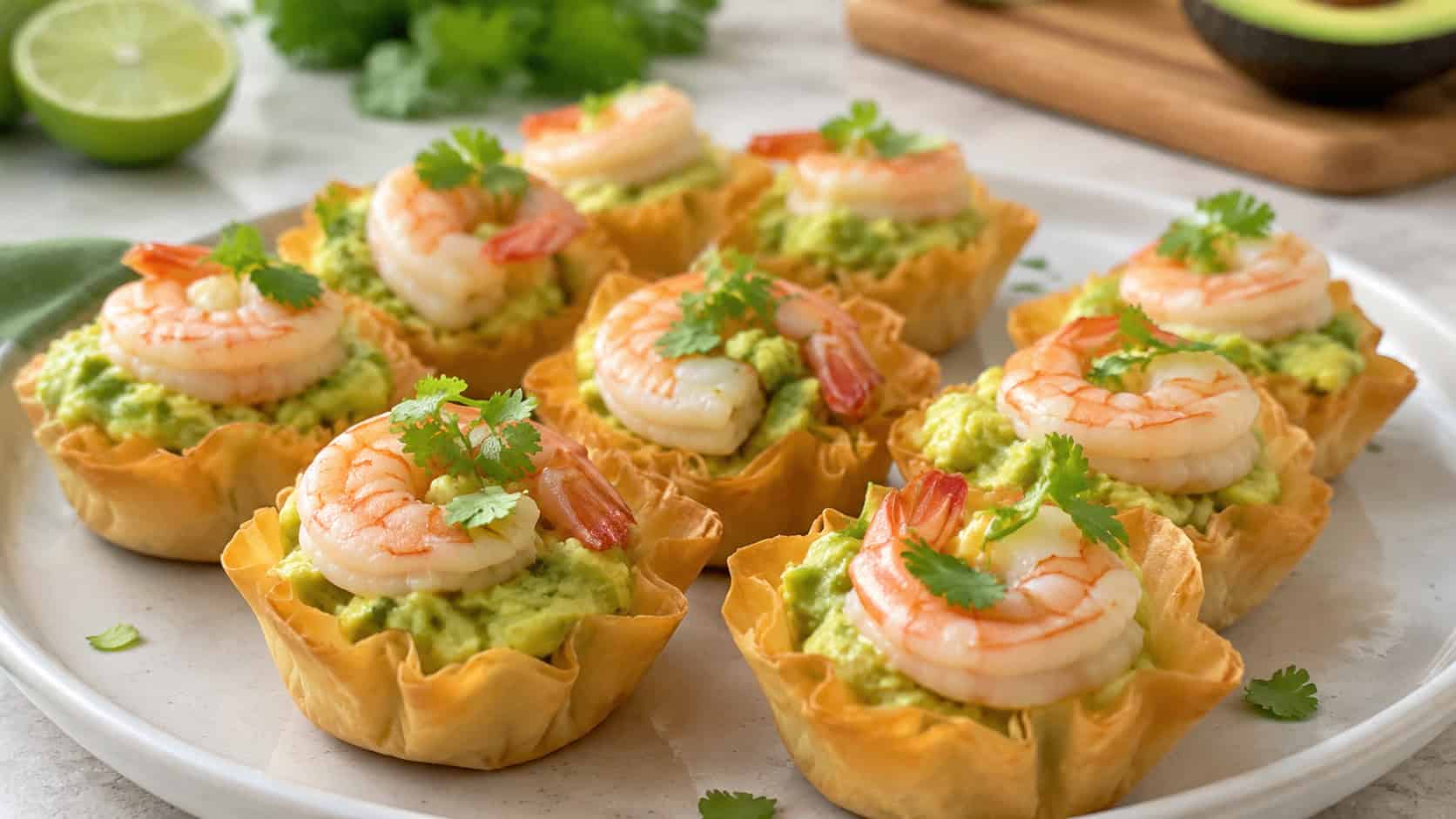 shrimp and avocado phyllo cups on a light ceramic plate, golden crisp pastry shells filled with chunky green lime avocado topped with a pink curled shrimp and fresh cilantro, bright fresh natural light, shallow depth of field, summer kitchen counter