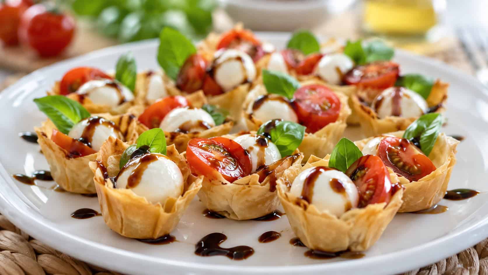 caprese phyllo bites on a white plate, crisp golden pastry cups each holding a white mozzarella pearl, a red cherry tomato half, and a green basil leaf, glossy balsamic glaze drizzled over, bright fresh natural light, shallow depth of field, summer kitchen table