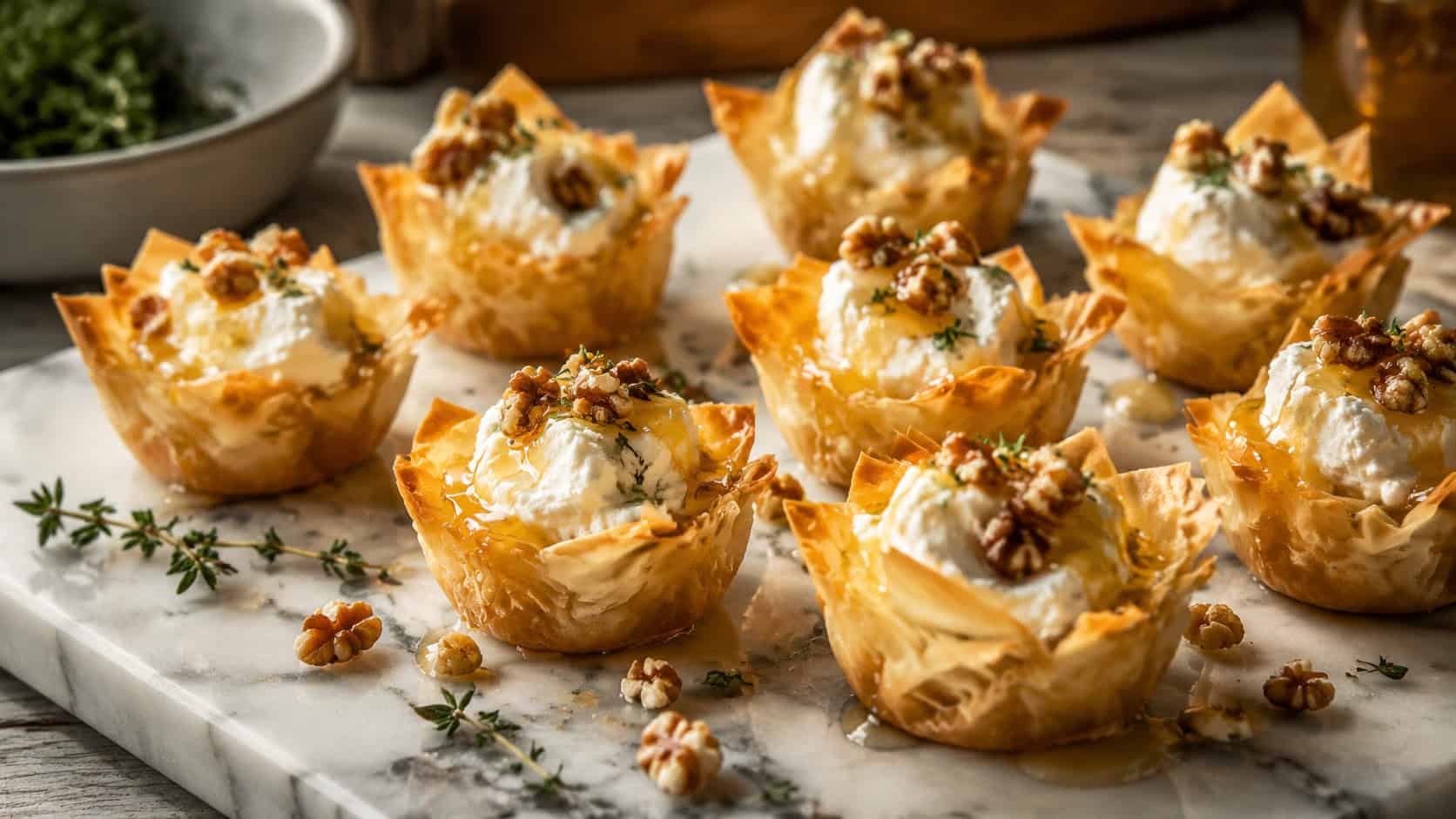goat cheese and honey phyllo cups on a marble surface, golden pastry shells filled with soft white goat cheese, glossy honey drizzling over the top, scattered toasted walnut pieces and thyme, warm natural light, shallow depth of field, rustic kitchen counter
