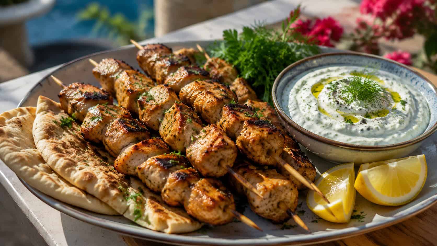 Greek chicken souvlaki skewers on a platter in a wide horizontal shot, golden charred chicken, warm pita, lemon wedges, and a bowl of tzatziki, fresh herbs, sunny natural light, shallow depth of field, landscape orientation
