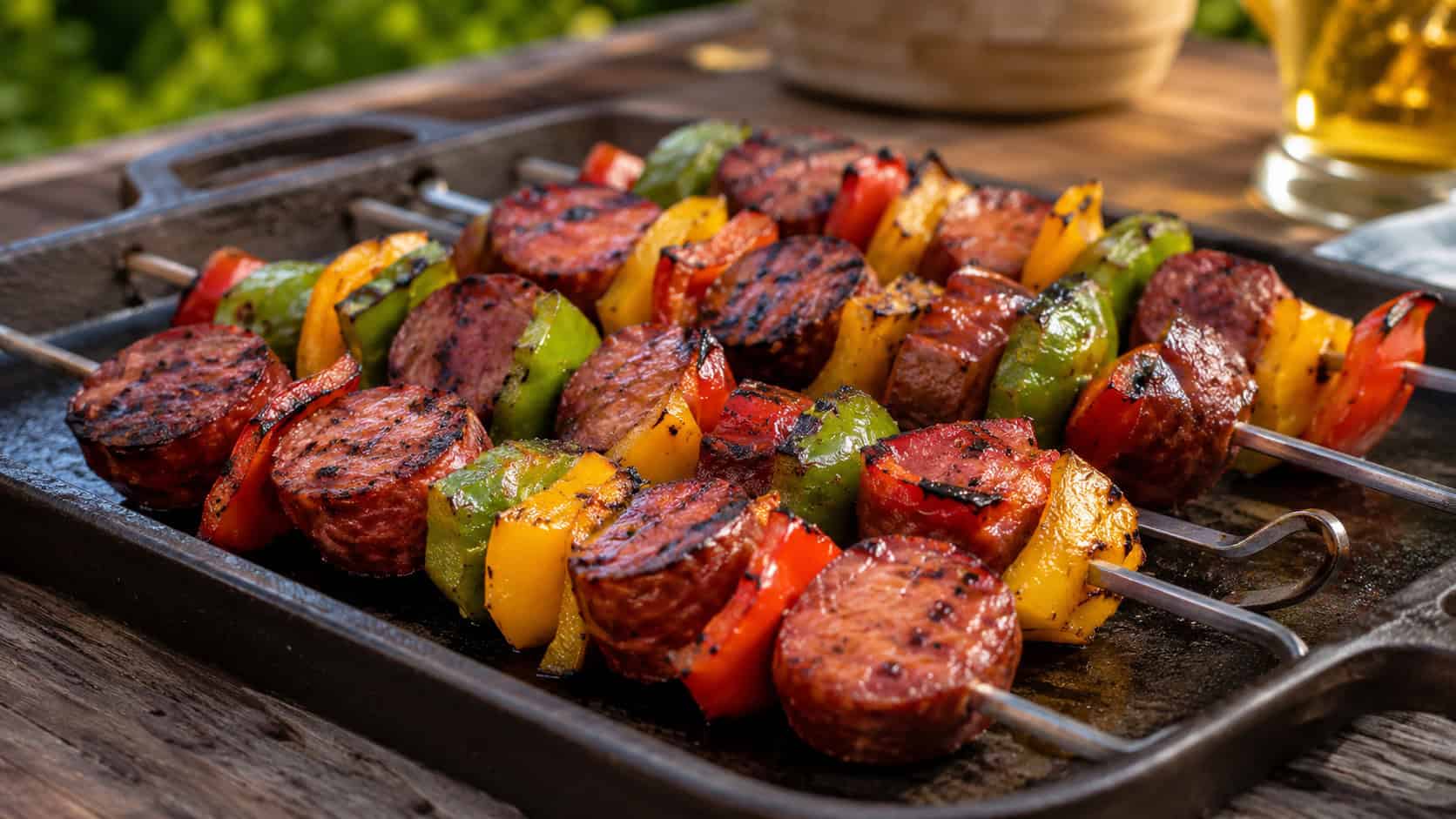 smoked sausage and bell pepper skewers on a cast iron tray in a wide horizontal shot, charred sausage rounds with red, yellow, and green peppers, rustic outdoor table, warm natural light, shallow depth of field, landscape orientation